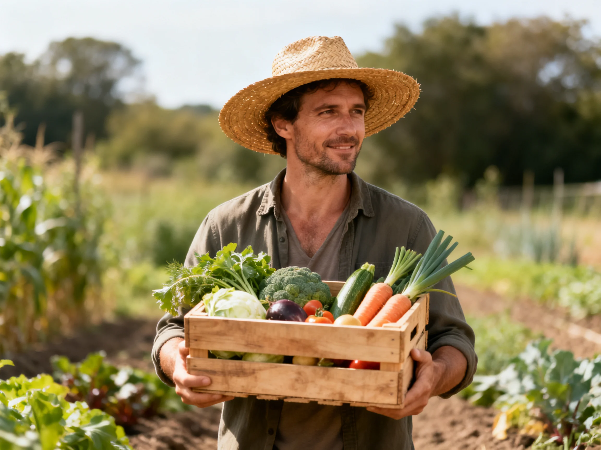 Farmer carrying wooden crate of fresh vegetables in sunny farm field