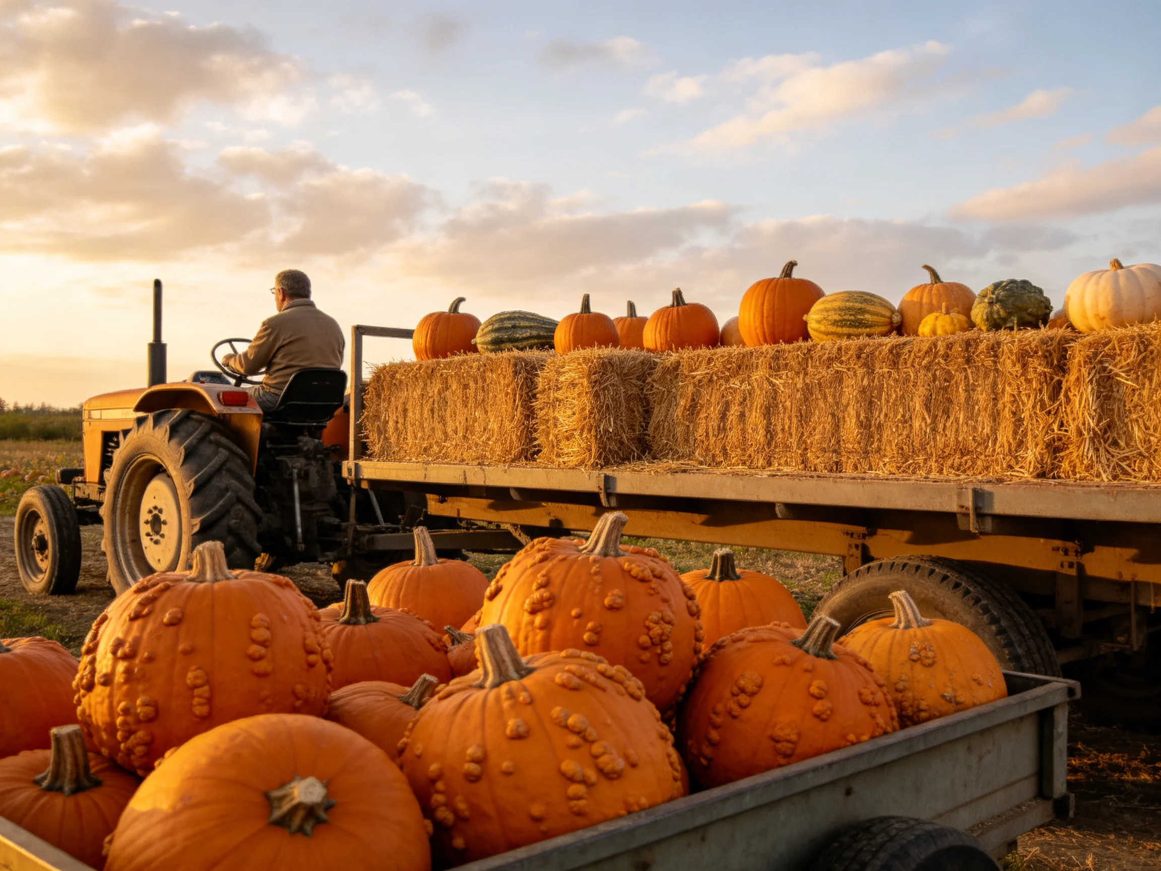 Farmer driving tractor with orange pumpkins and golden hay bales