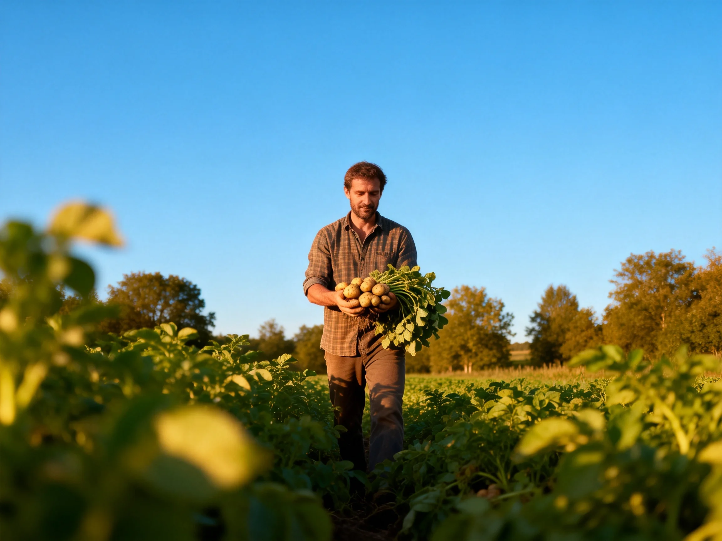 Farmer harvesting vegetables in a sunlit agricultural field
