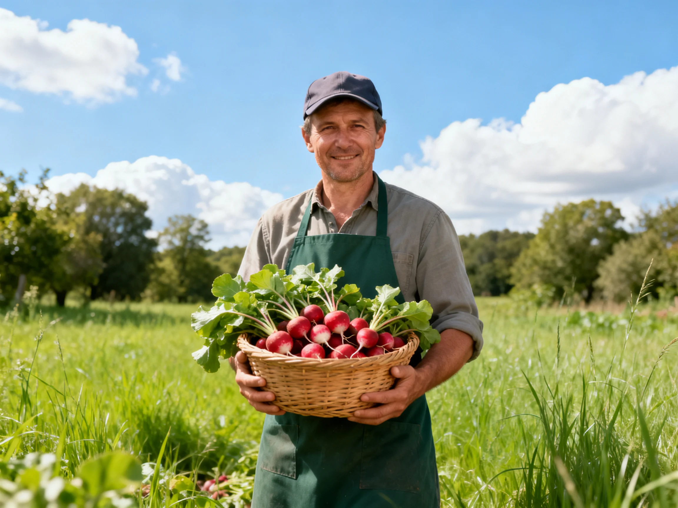 Farmer holding basket of fresh red radishes in sunny field