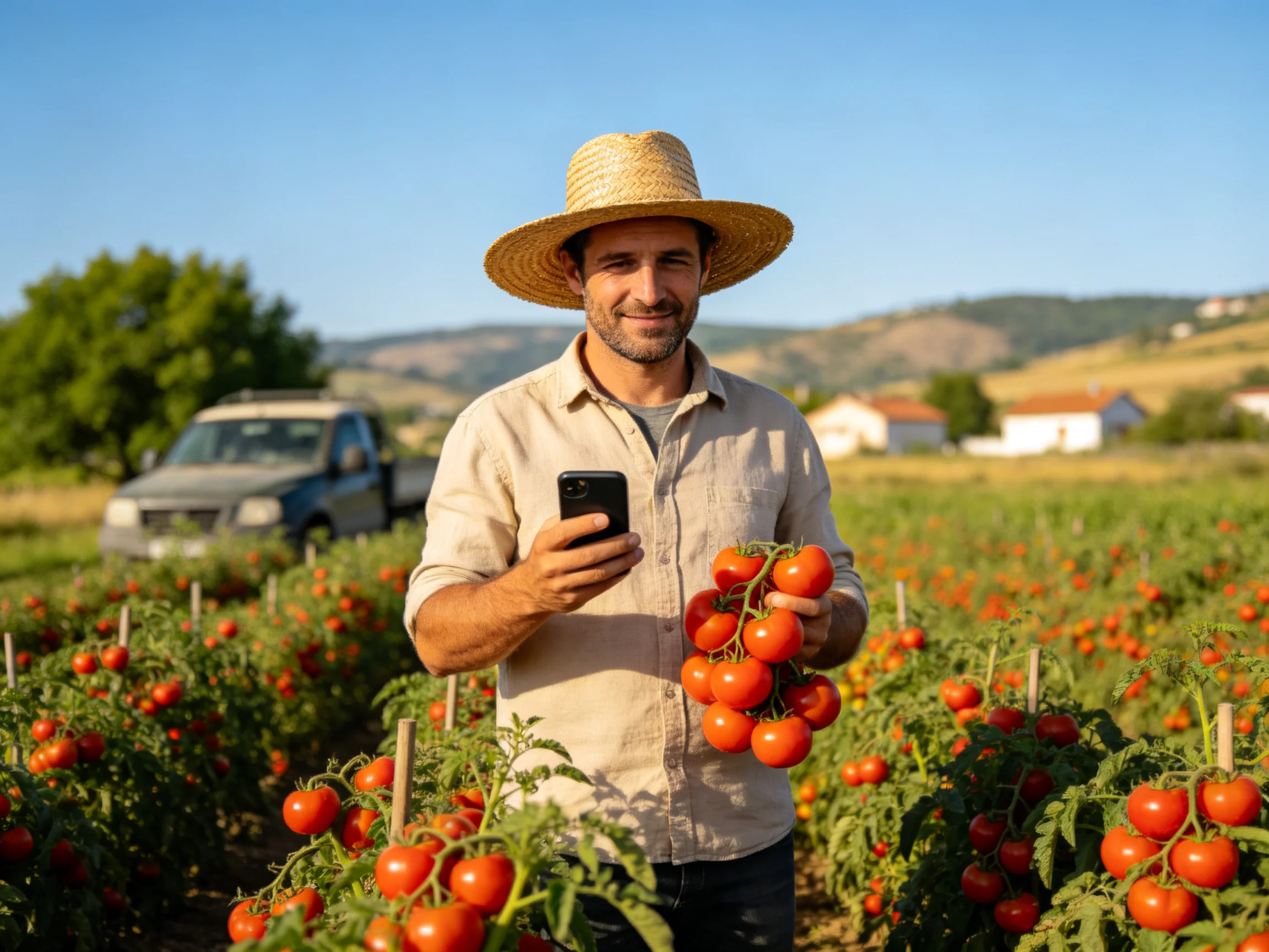 Farmer holding tomatoes and smartphone in a sunny field