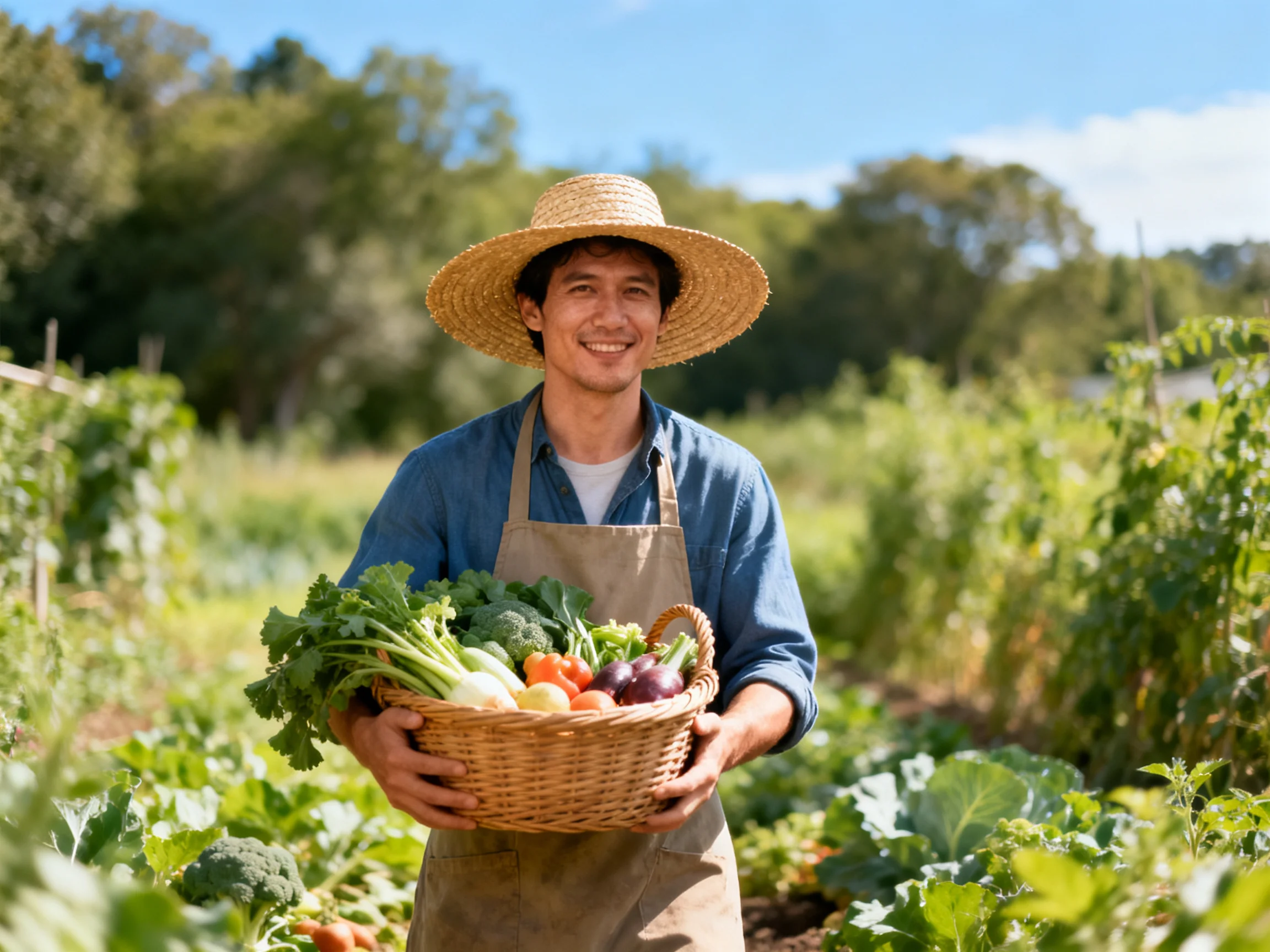 Farmer holding wicker basket of colorful fresh produce in sunny farm field