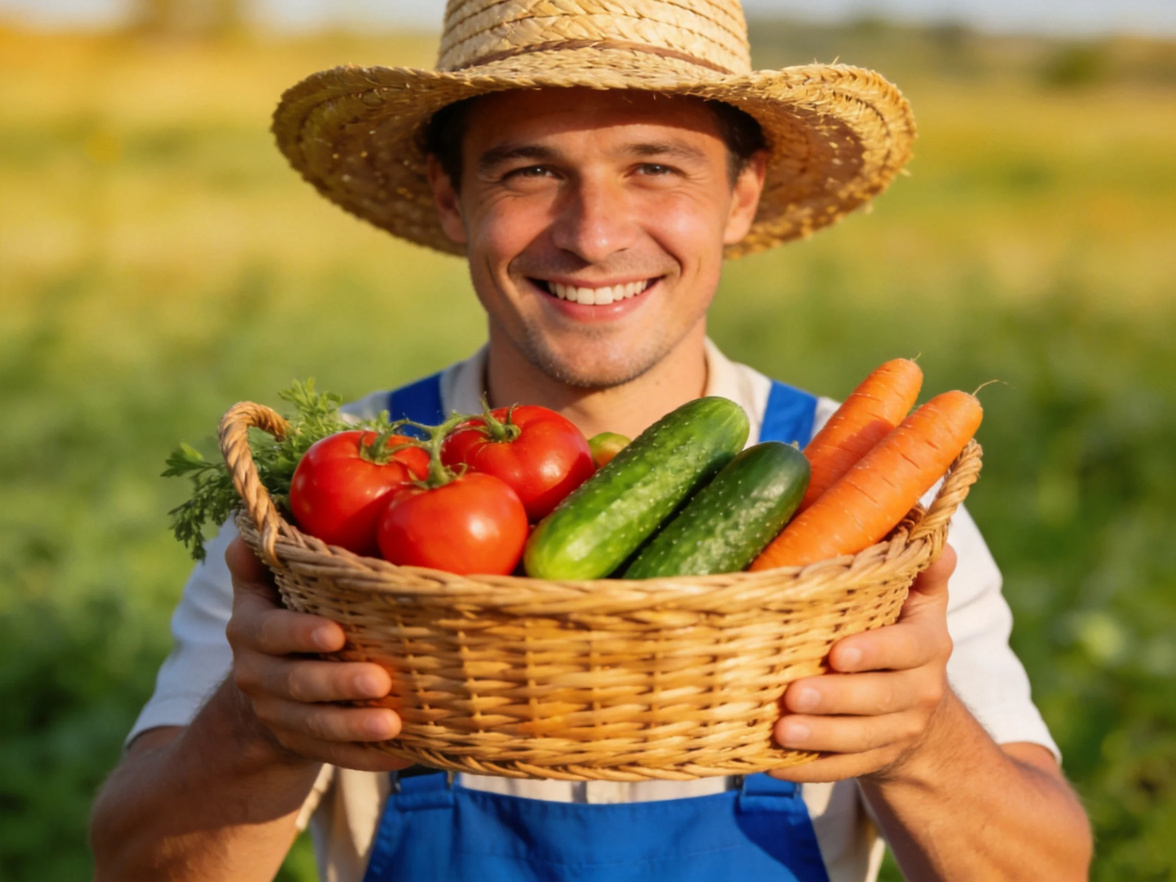 Farmer holding wicker basket of red tomatoes, green cucumbers, orange carrots in green field