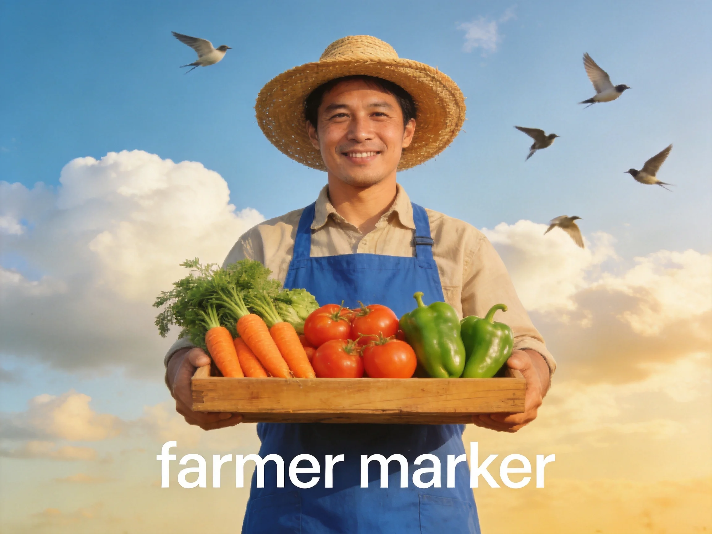 Farmer holding wooden tray of fresh vegetables under sunny sky
