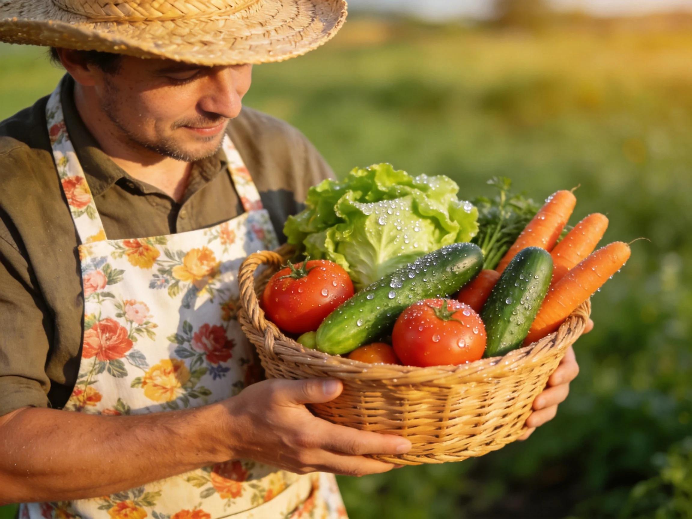 Farmer holds wicker basket of fresh veggies with dew drops in sunlit field