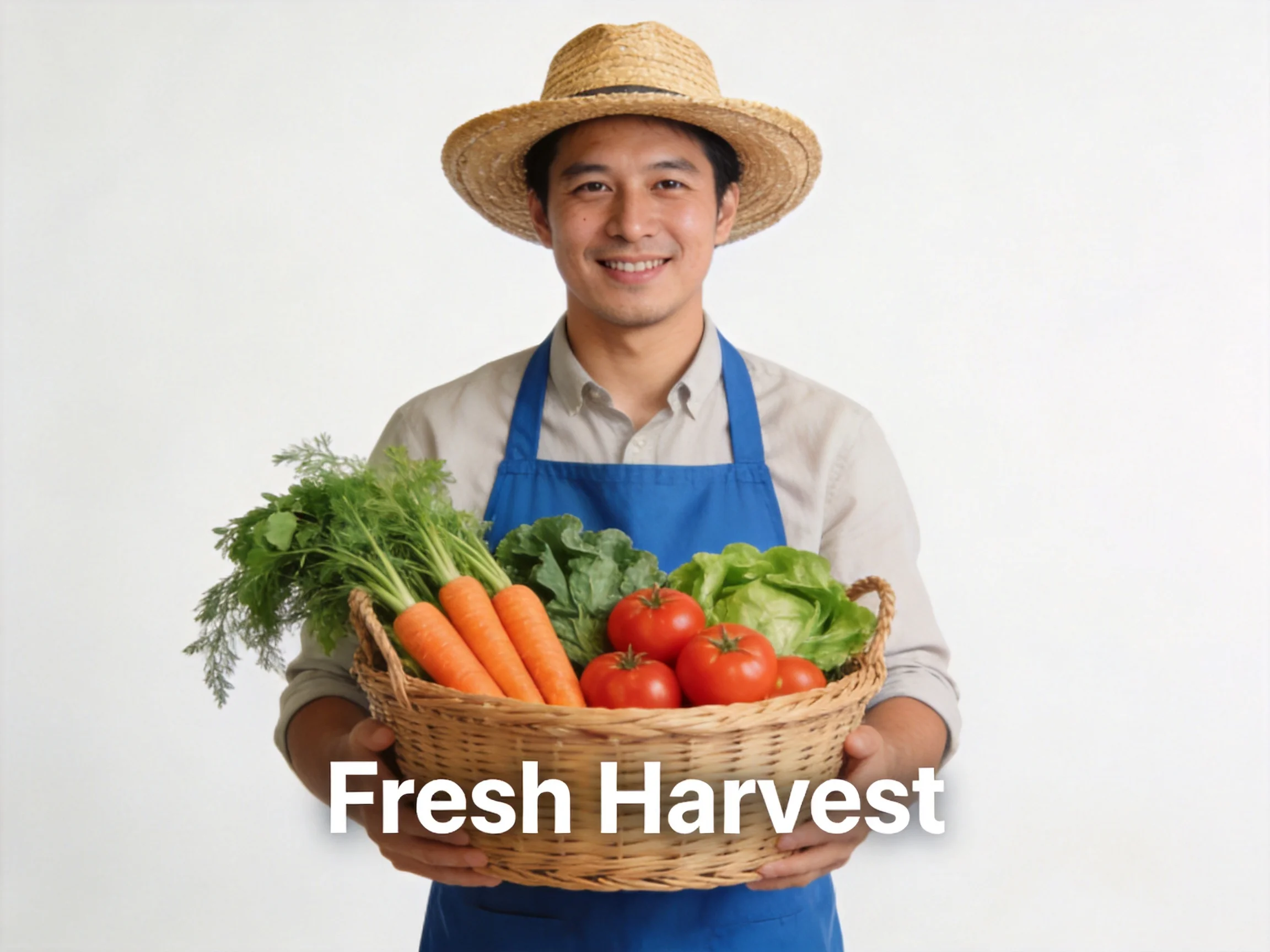 Farmer in straw hat holding basket of fresh vegetables including carrots, tomatoes, and leafy greens