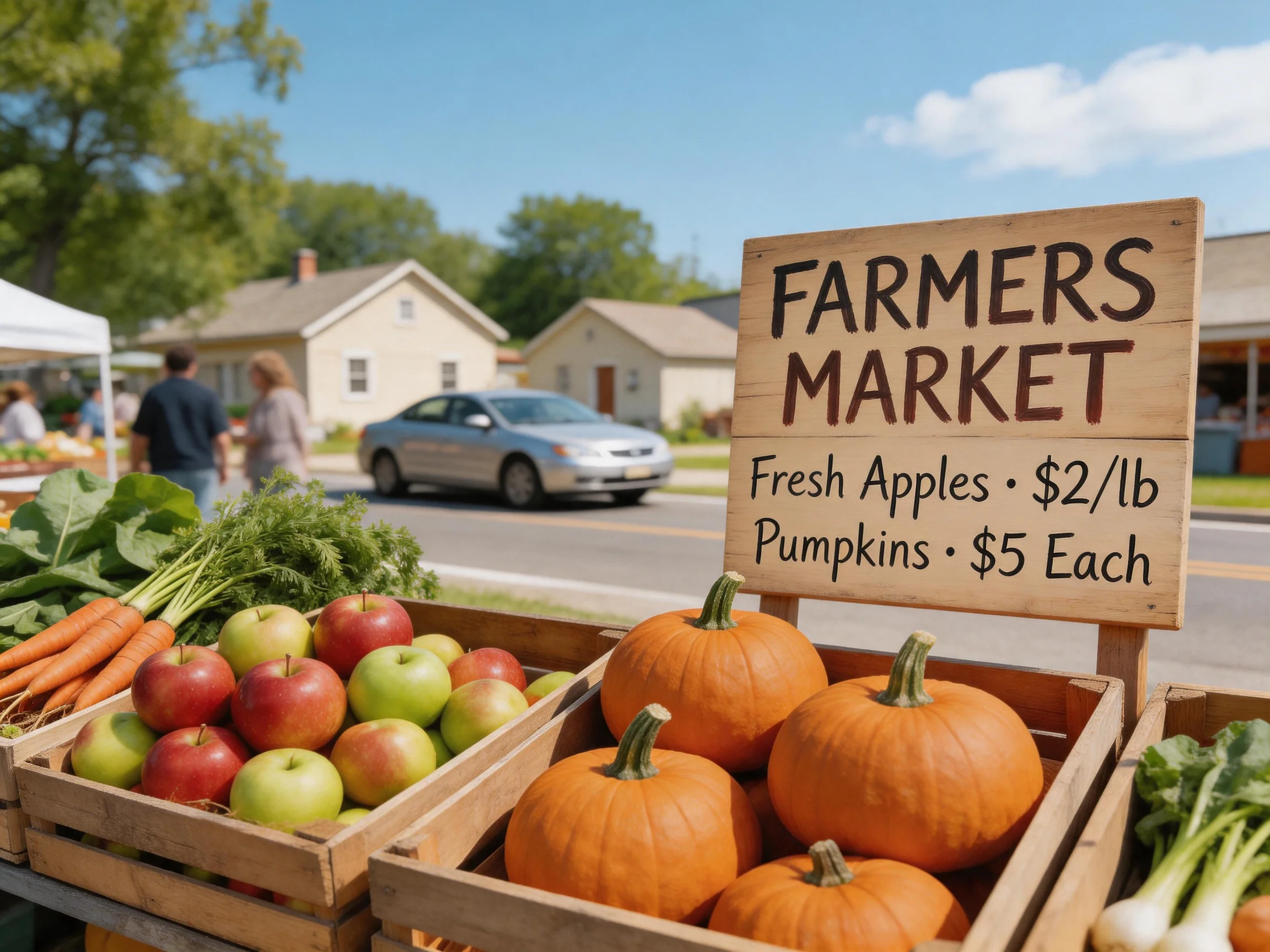 Farmers Market Stand with Fresh Apples, Carrots, and Pumpkins