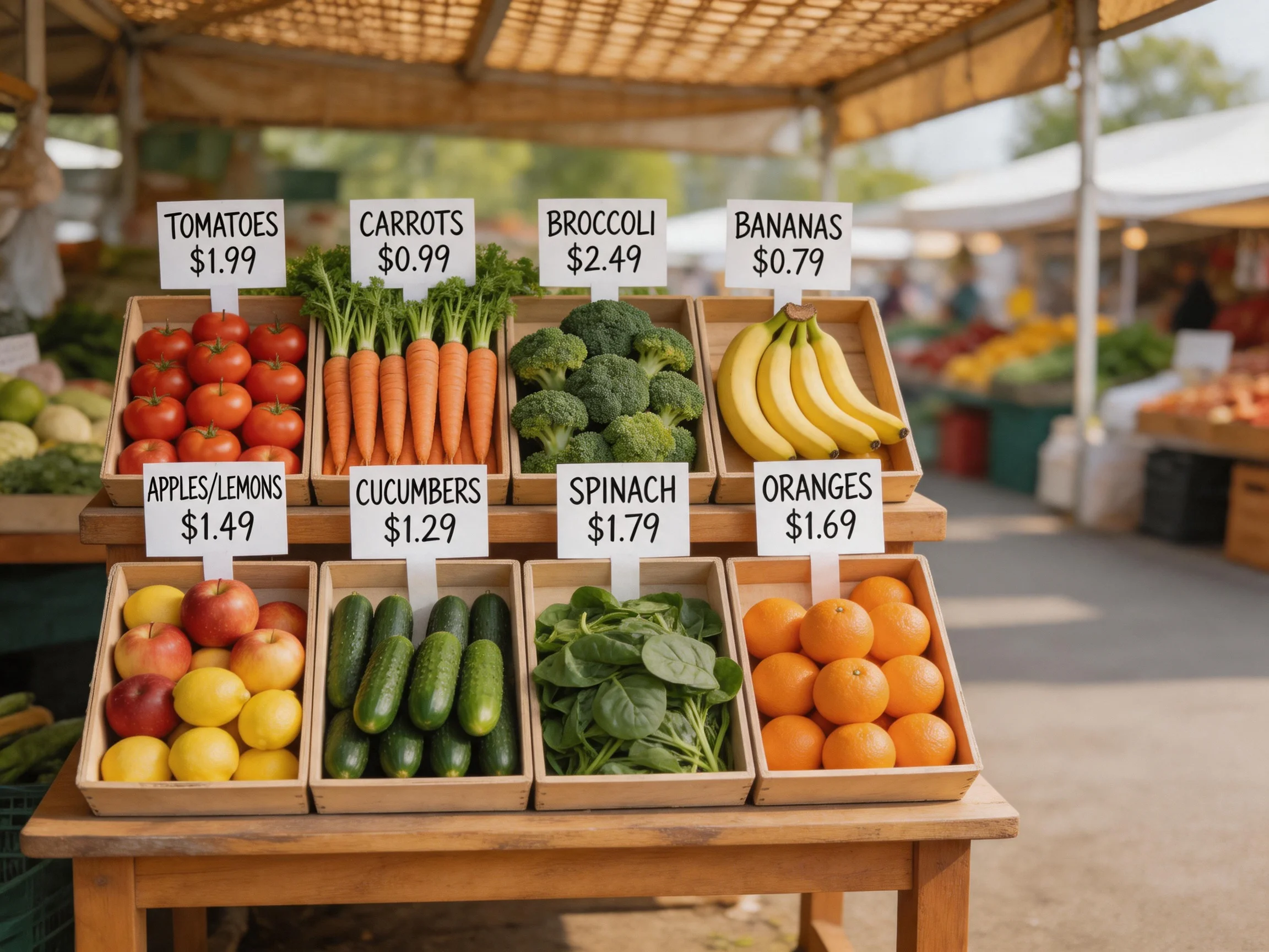 Farmers market produce stand with eight varieties of fruits and vegetables