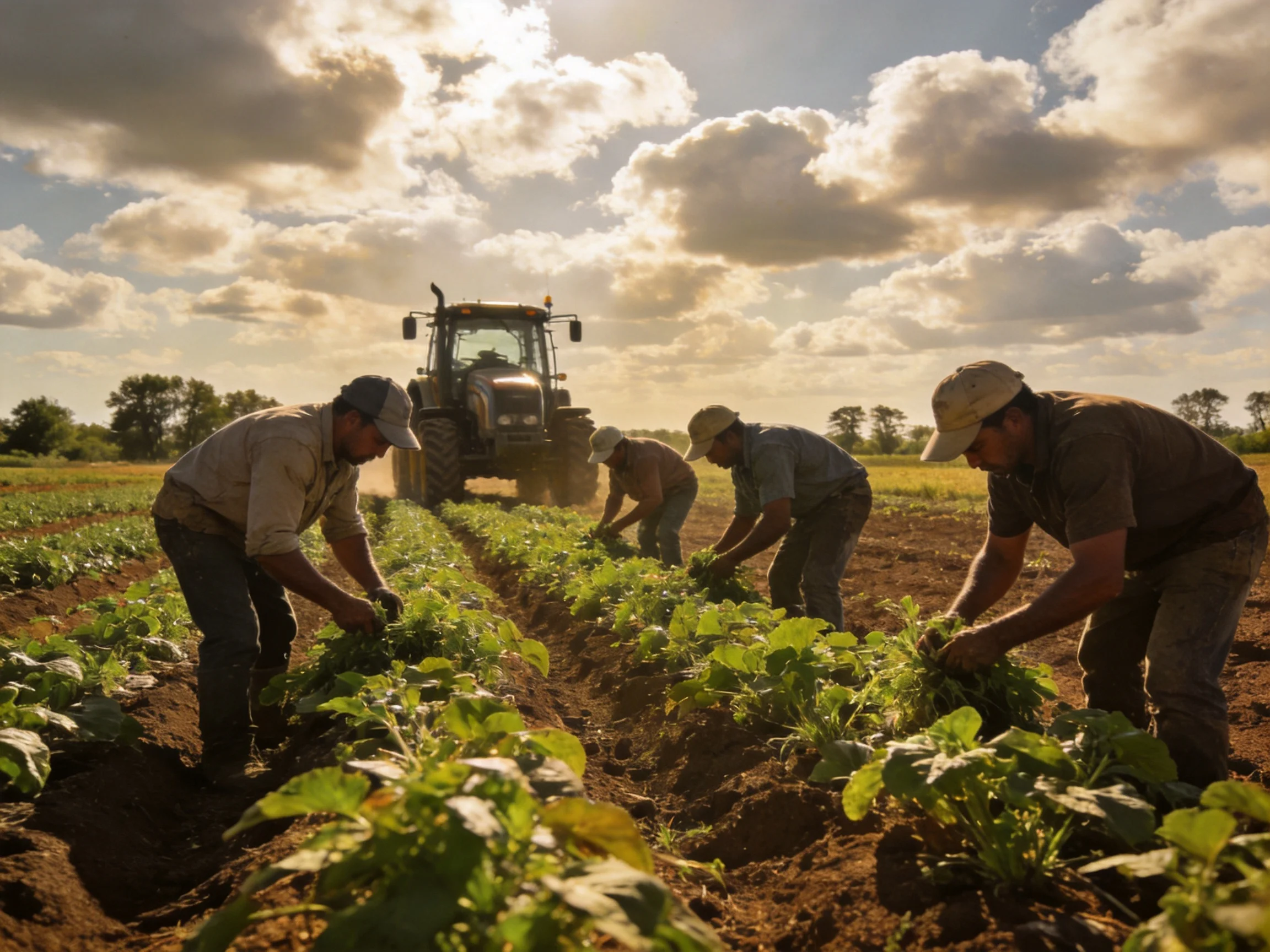 Farmers tending crops near a tractor in a sunlit field