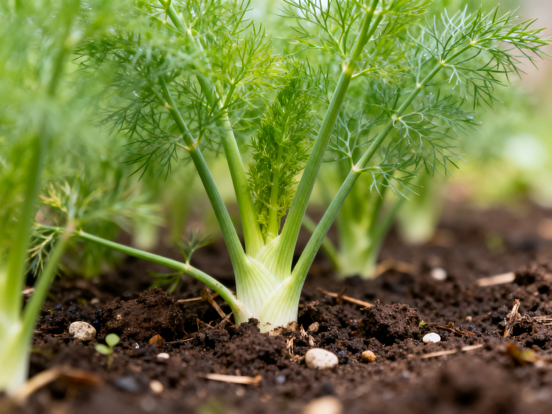 Fennel plants with feathery green fronds growing in dark soil