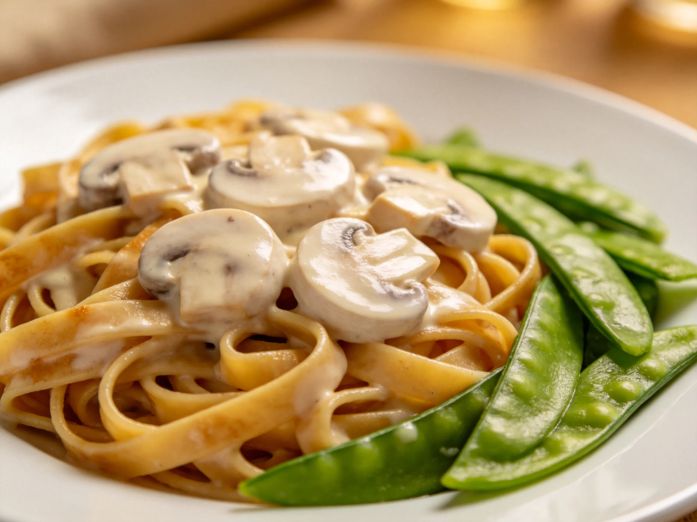 Fettuccine with creamy mushroom sauce and fresh snap peas