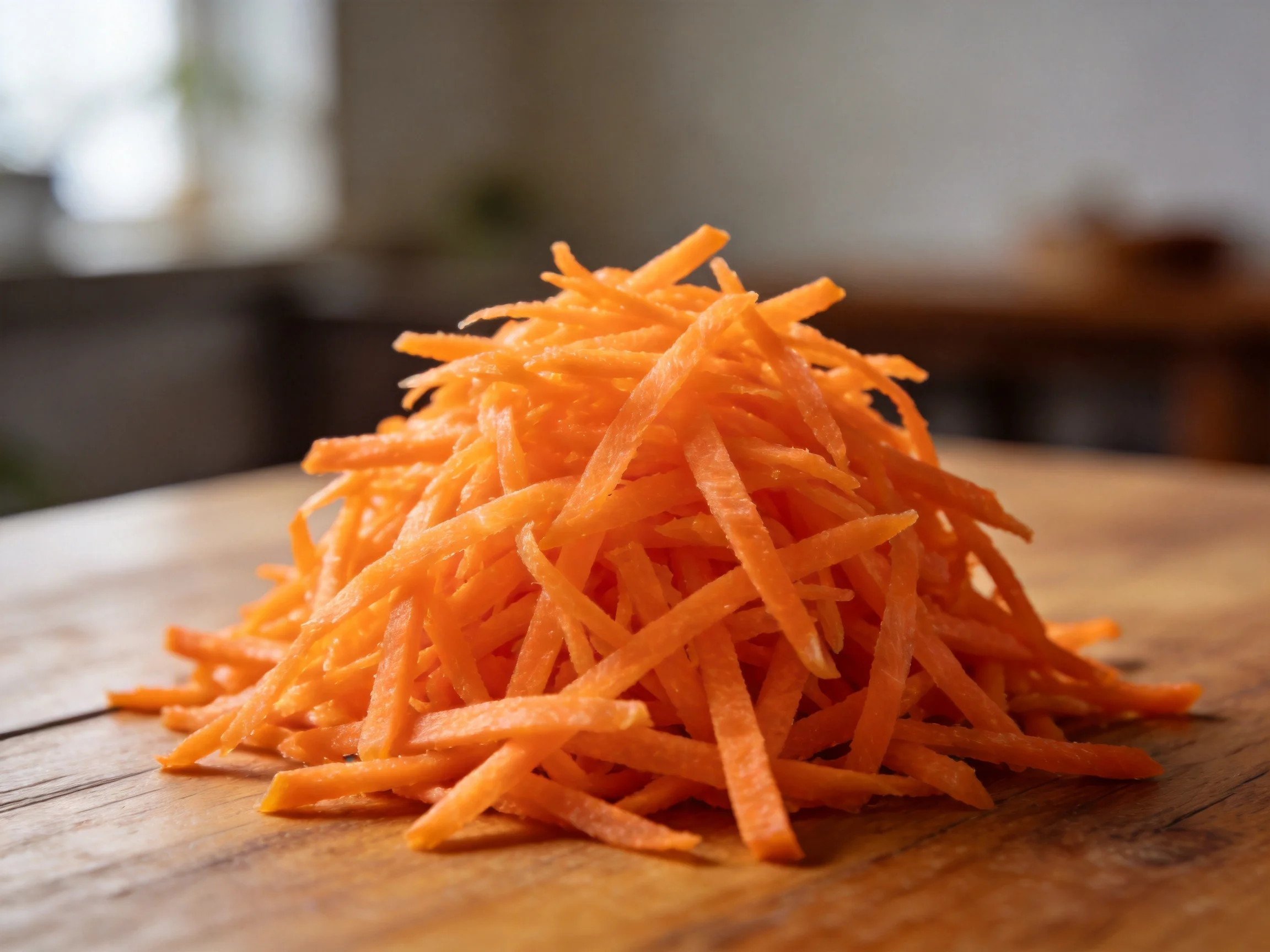 Finely shredded orange carrot strips piled into a mound on a wooden surface