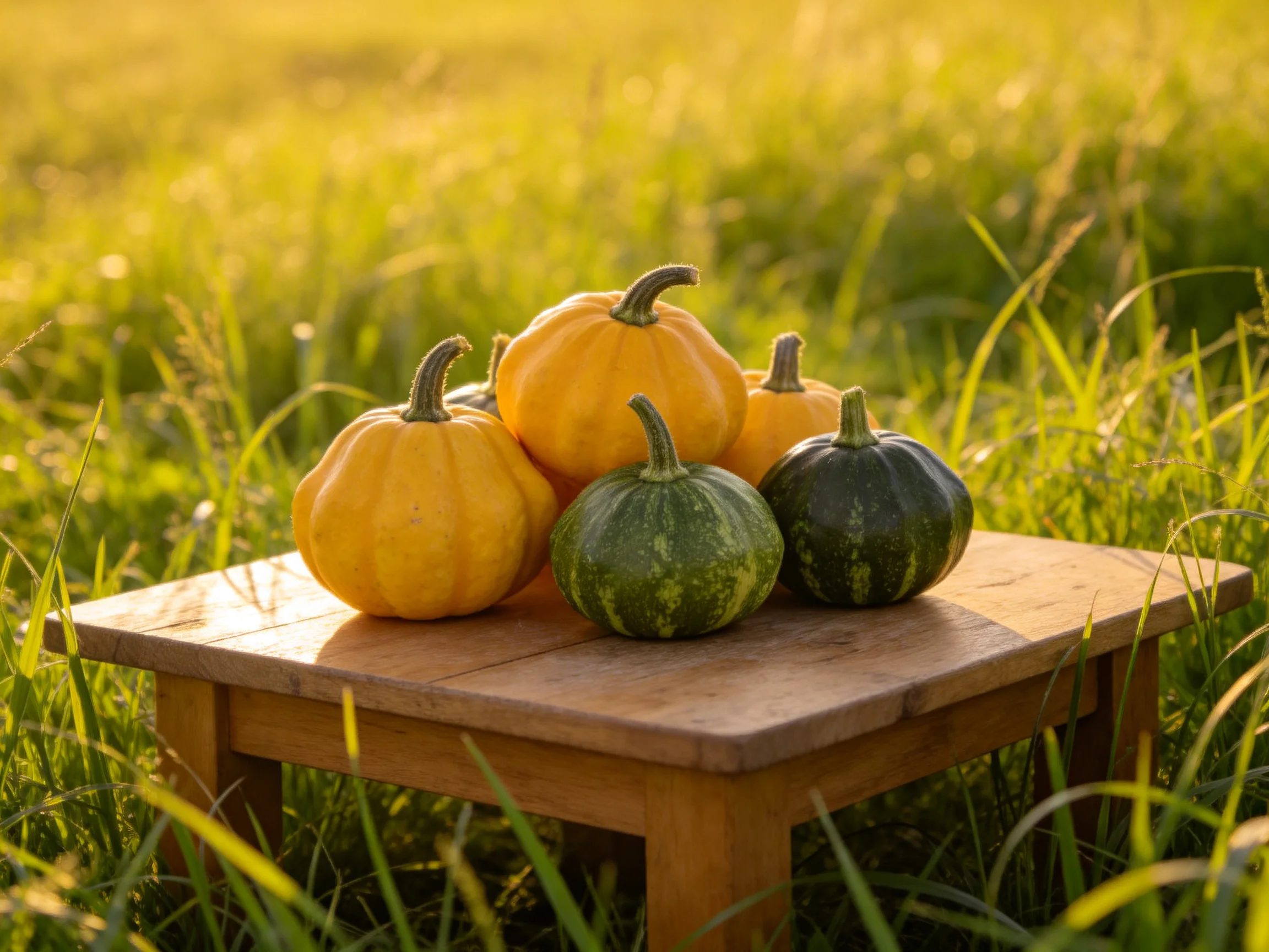 Five assorted-colored mini pumpkins on a wooden table in a sunlit grassy field