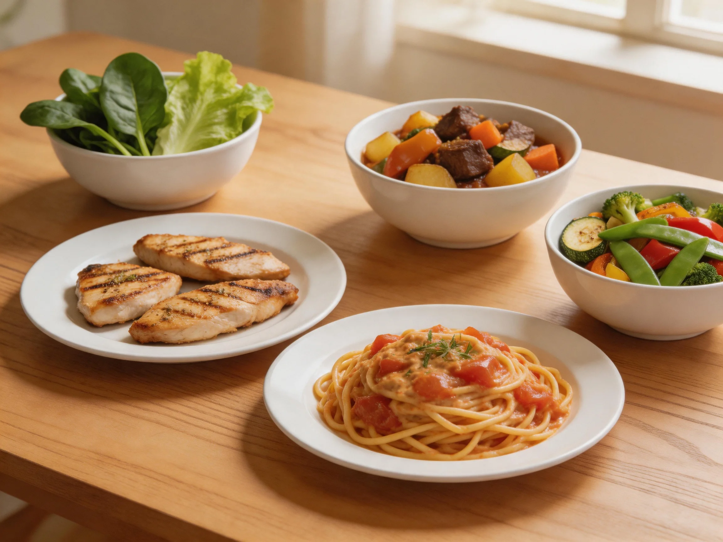 Five assorted dishes featuring grilled chicken, pasta, and vegetable bowls on a wooden table