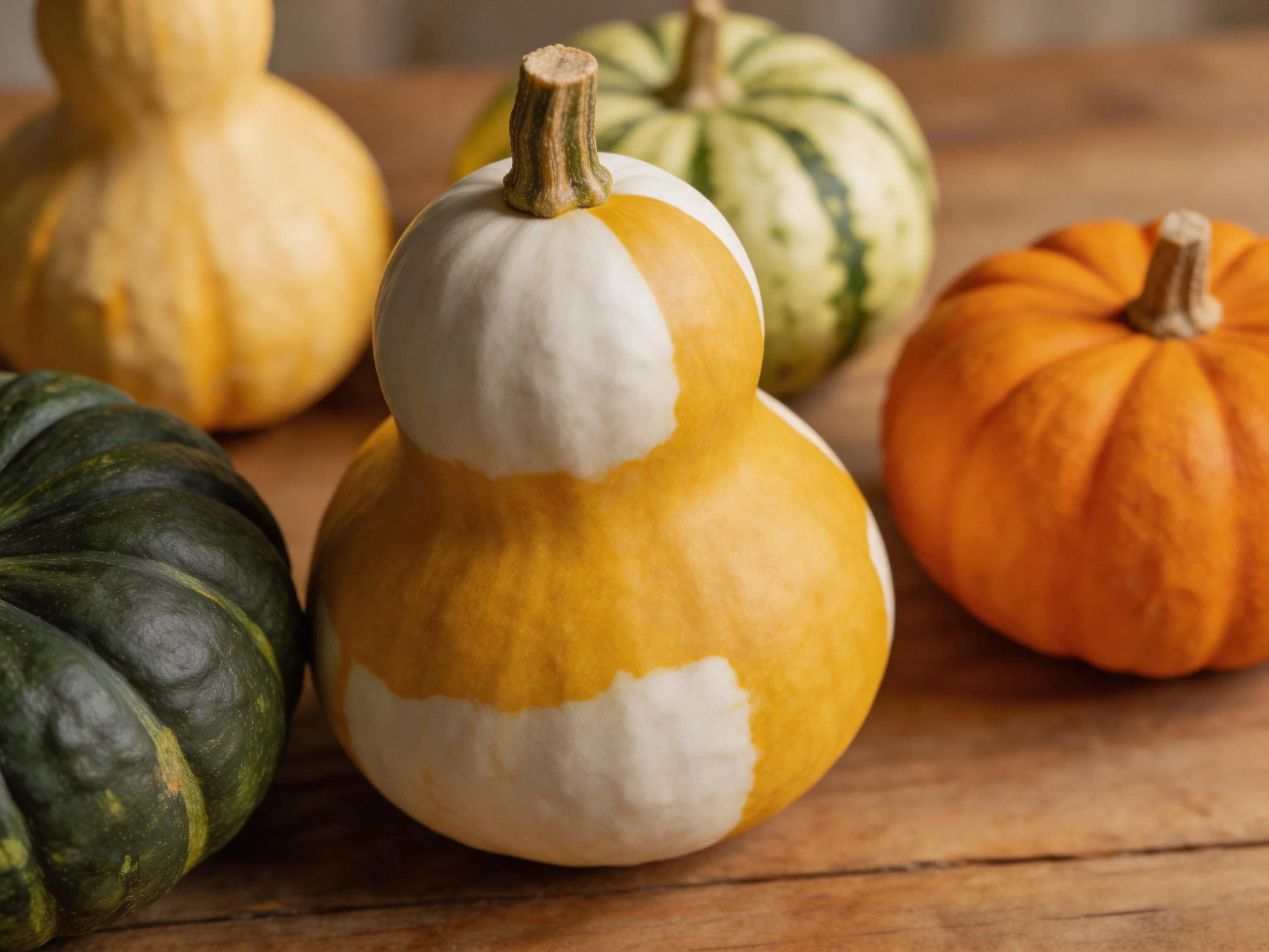Five assorted gourds and pumpkins with diverse colors and forms