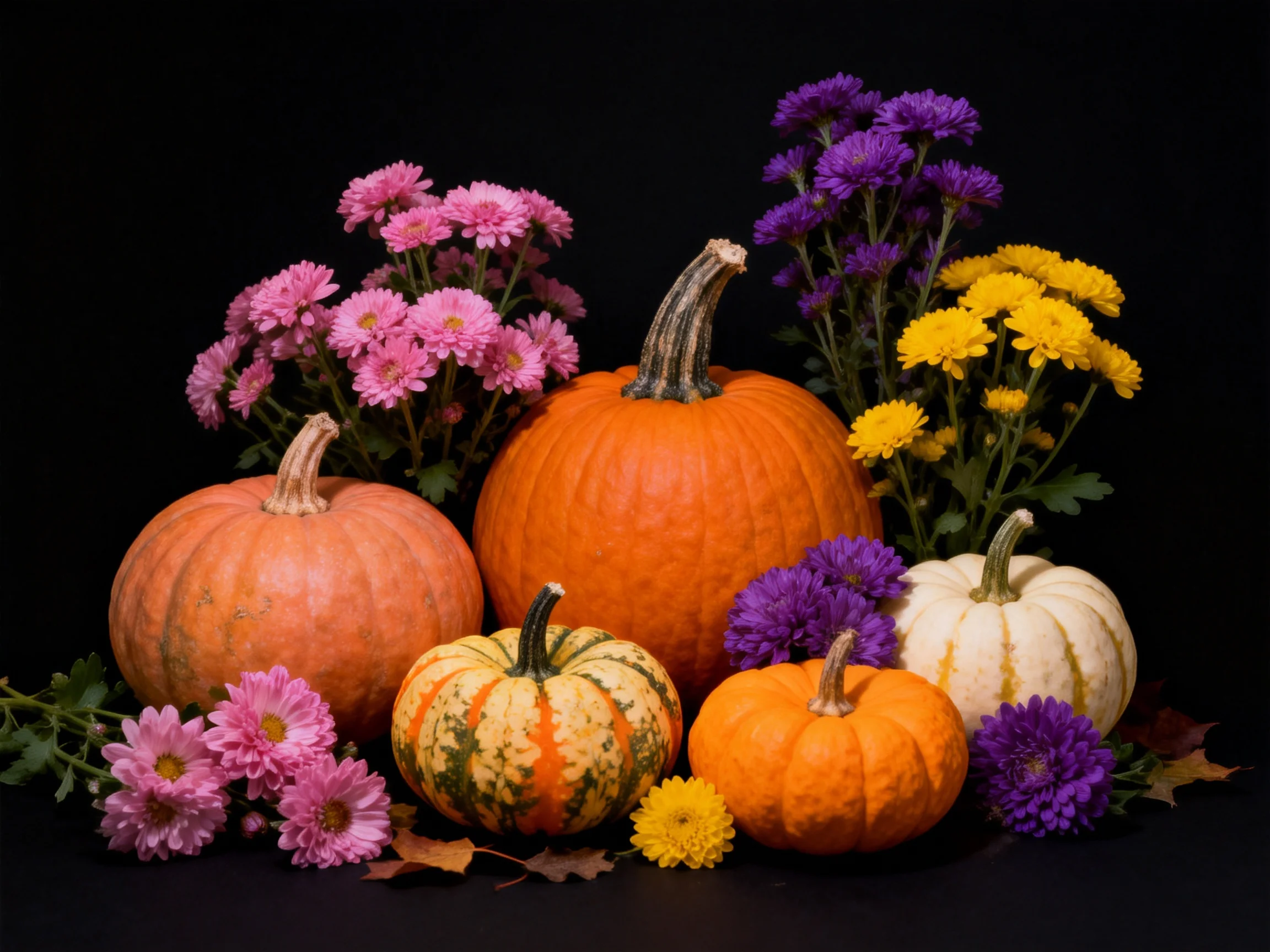 Five assorted pumpkins with pink, purple, and yellow flowers