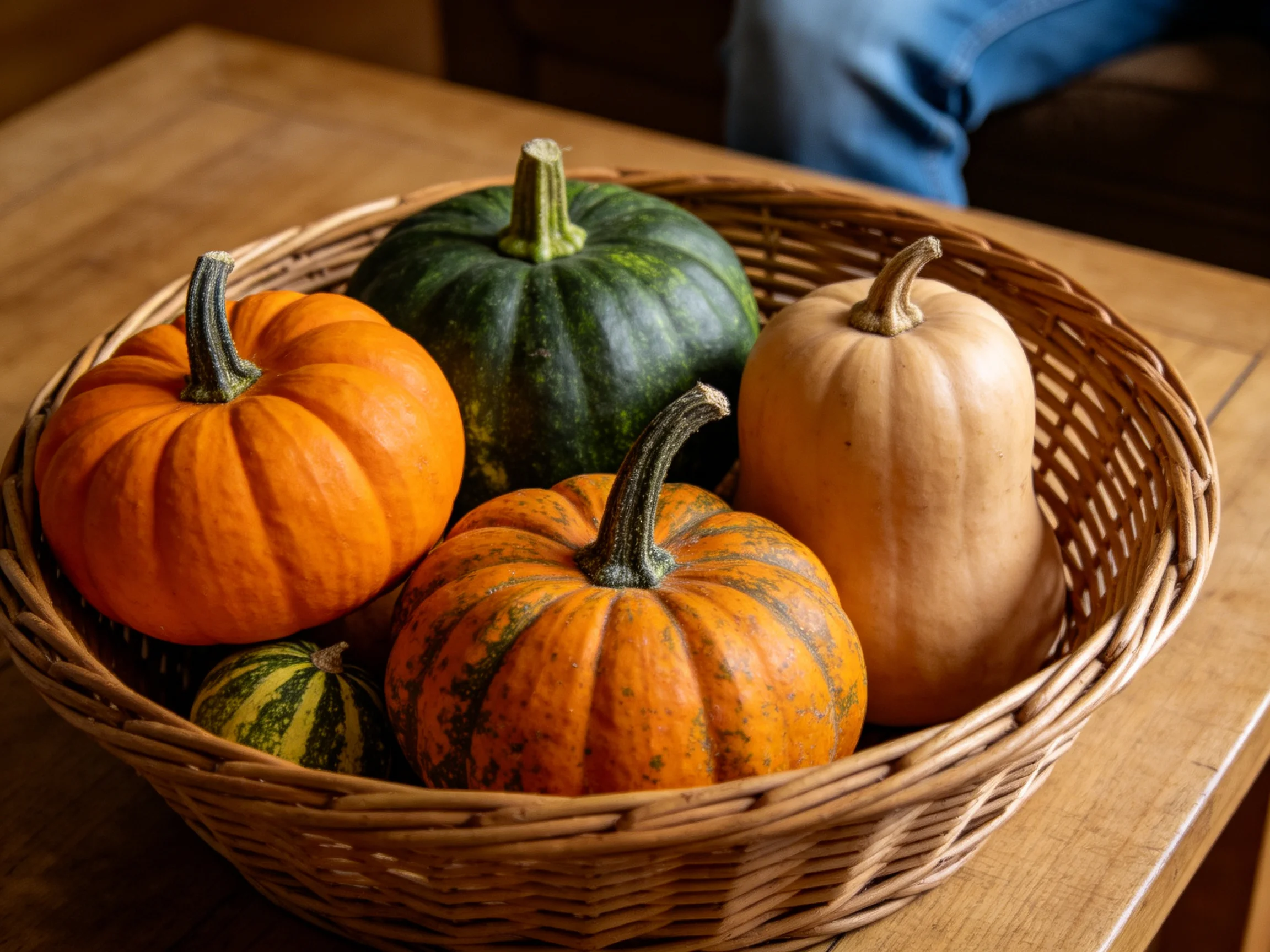 Five assorted squash and pumpkins in a wicker basket on a wooden table