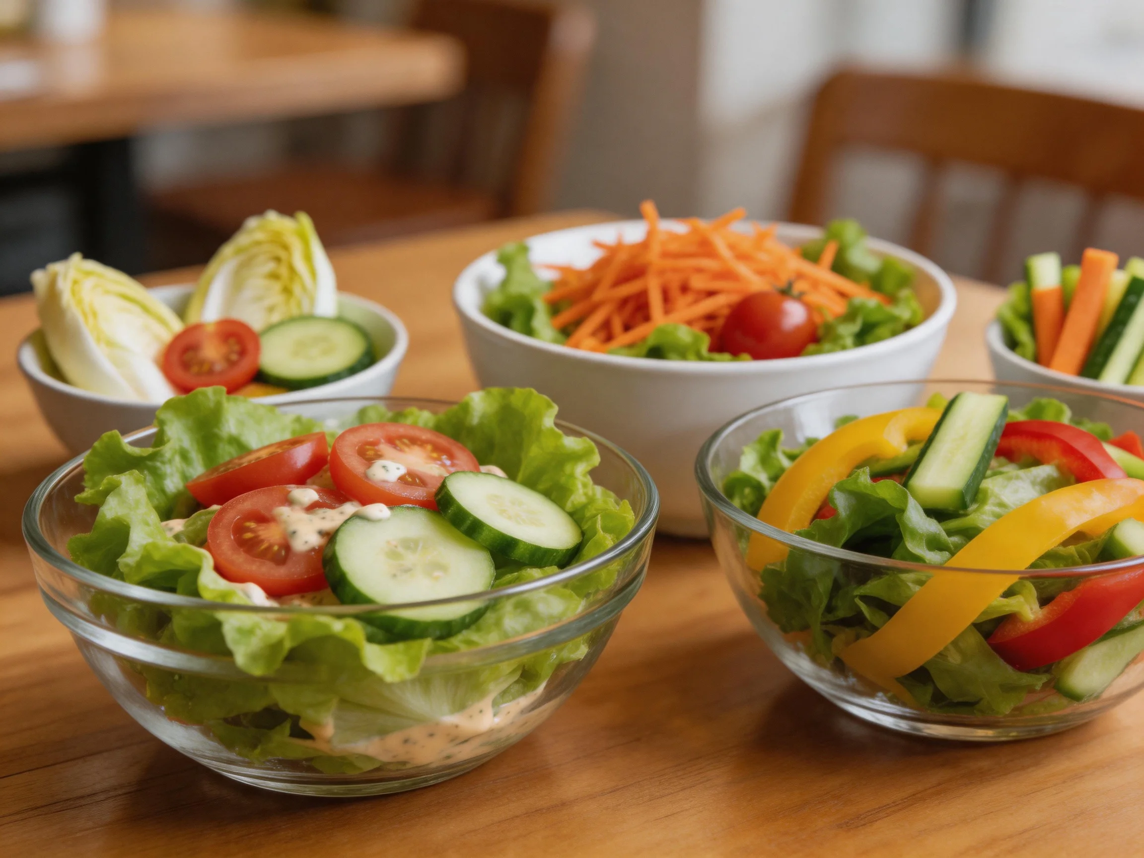 Five assorted vegetable salads displayed in glass and ceramic bowls