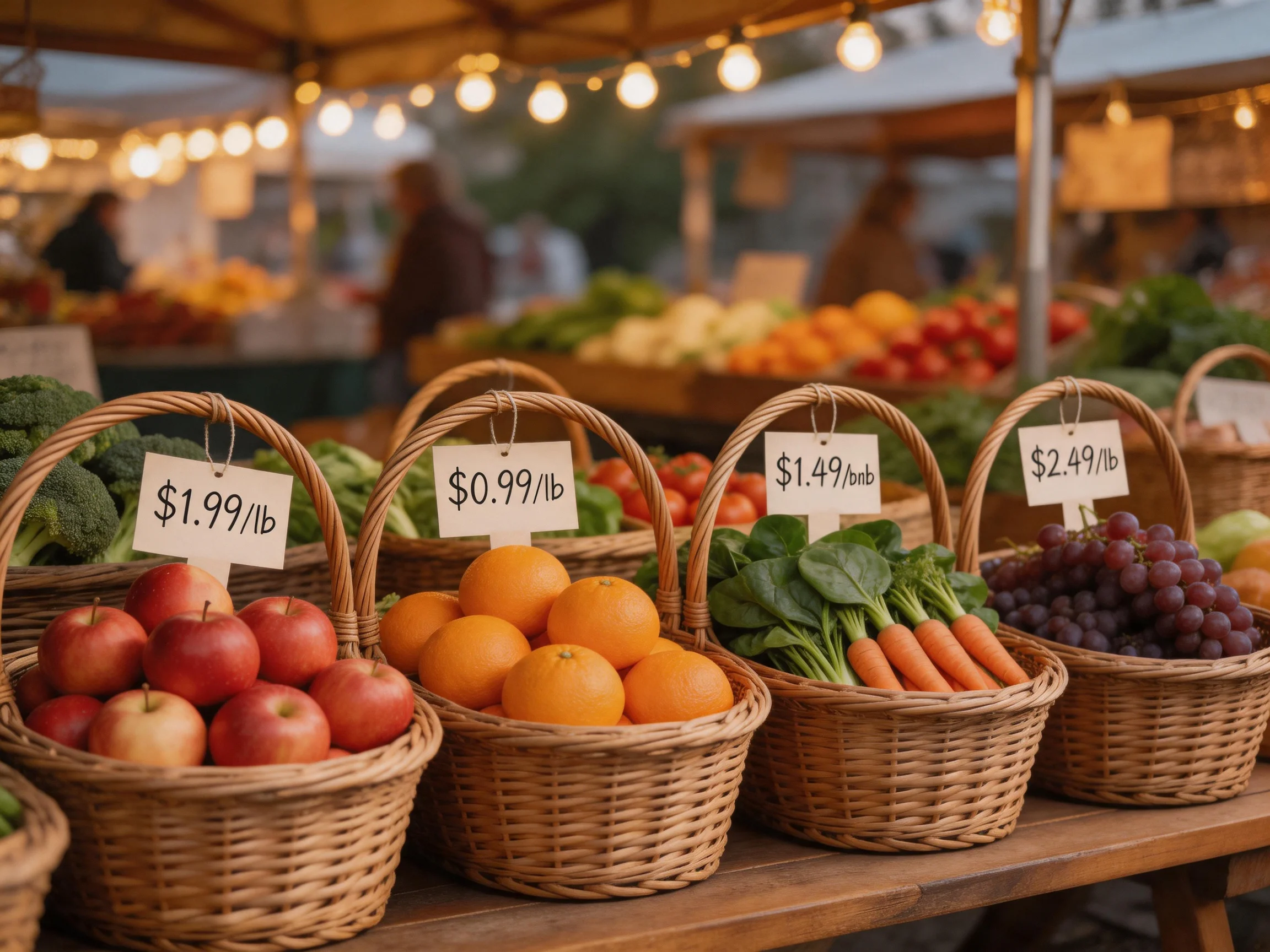 Five baskets hold colorful fruits and vegetables with pricing signs