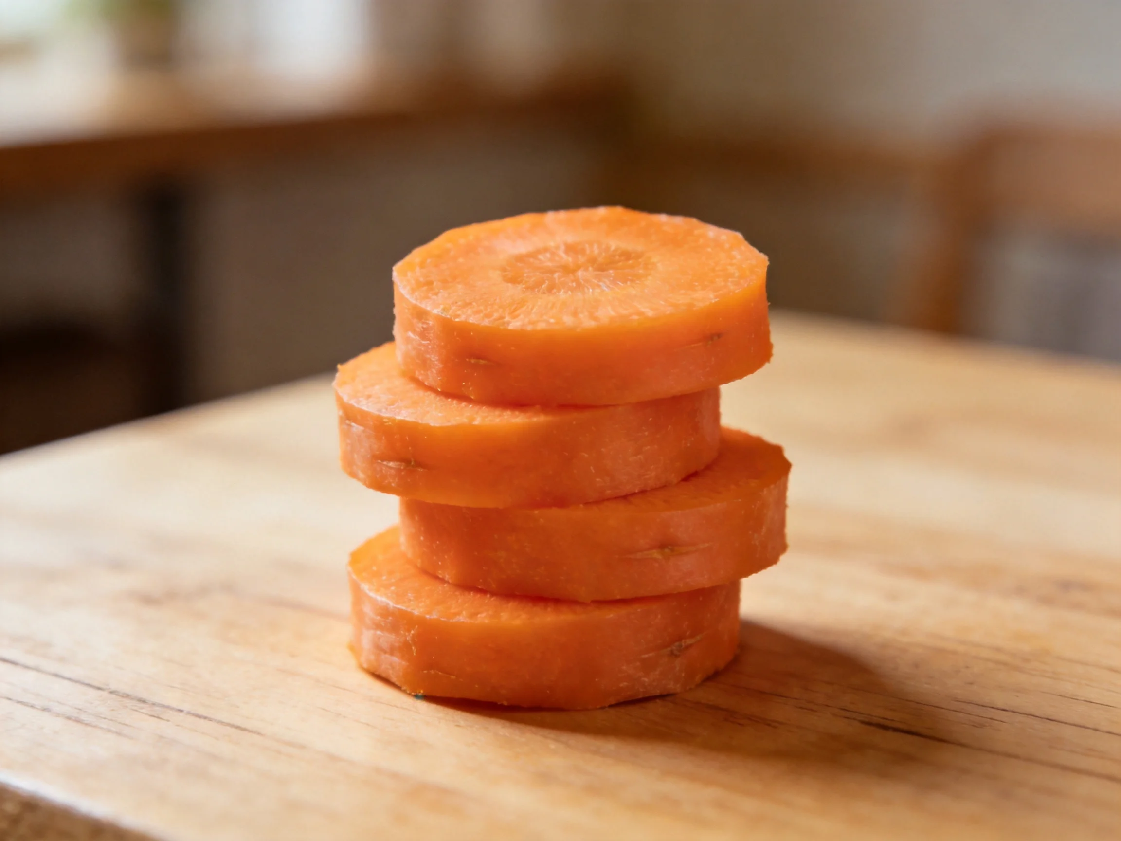 Five bright orange carrot slices stacked vertically on a wooden surface