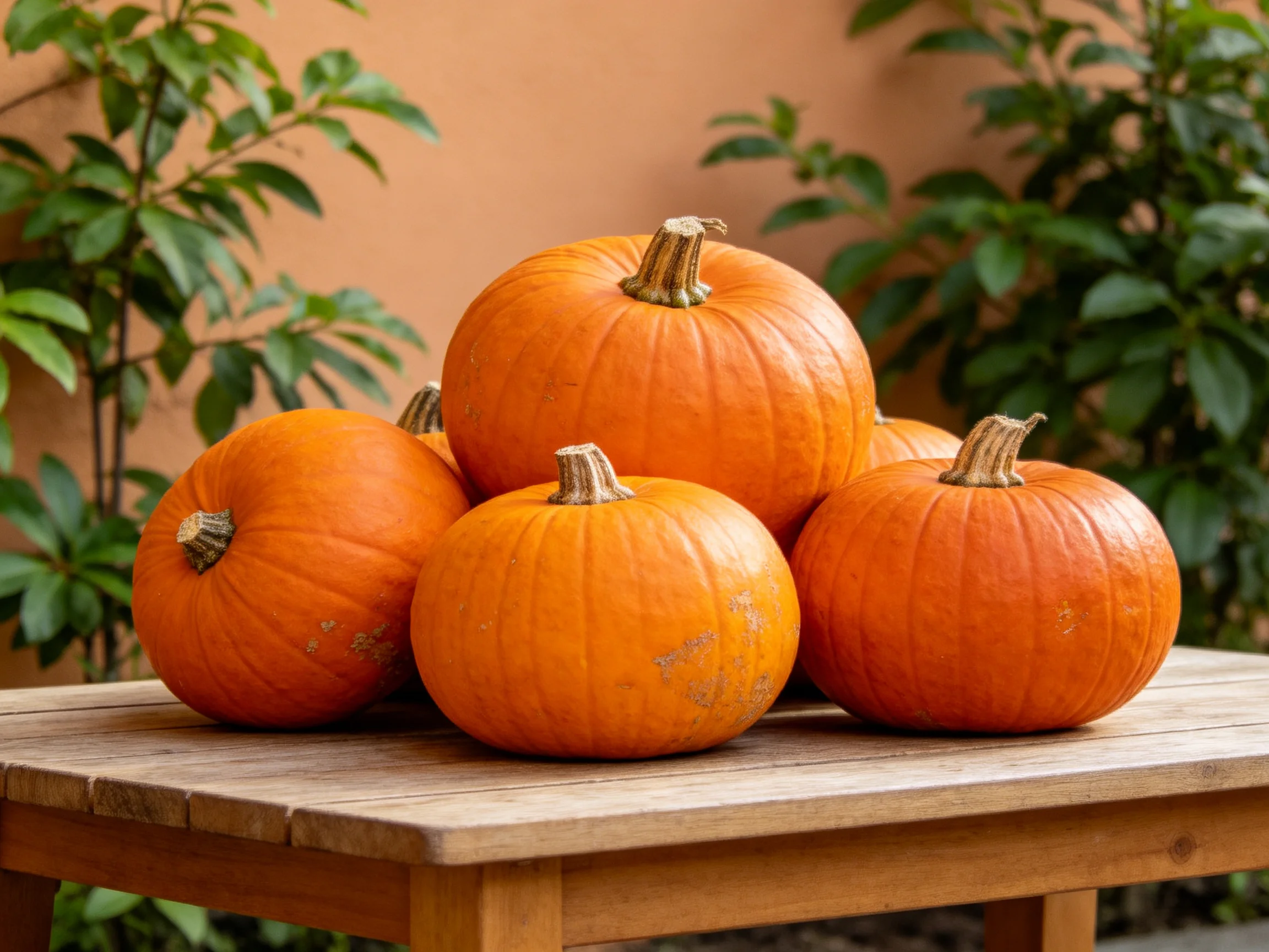 Five bright orange pumpkins arranged on a wooden outdoor table