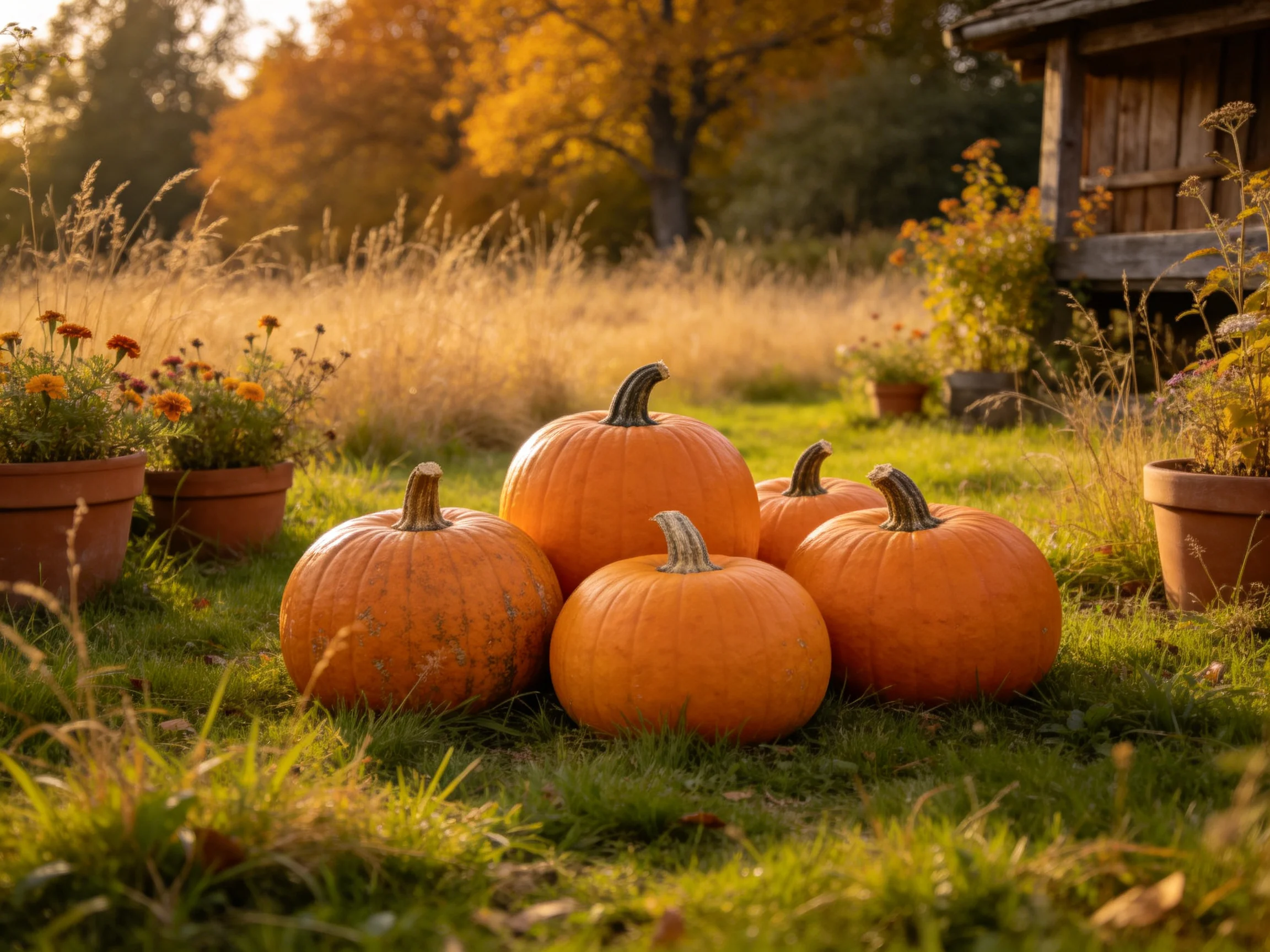 Five bright orange pumpkins sit on green grass near terracotta pots and autumn-colored trees