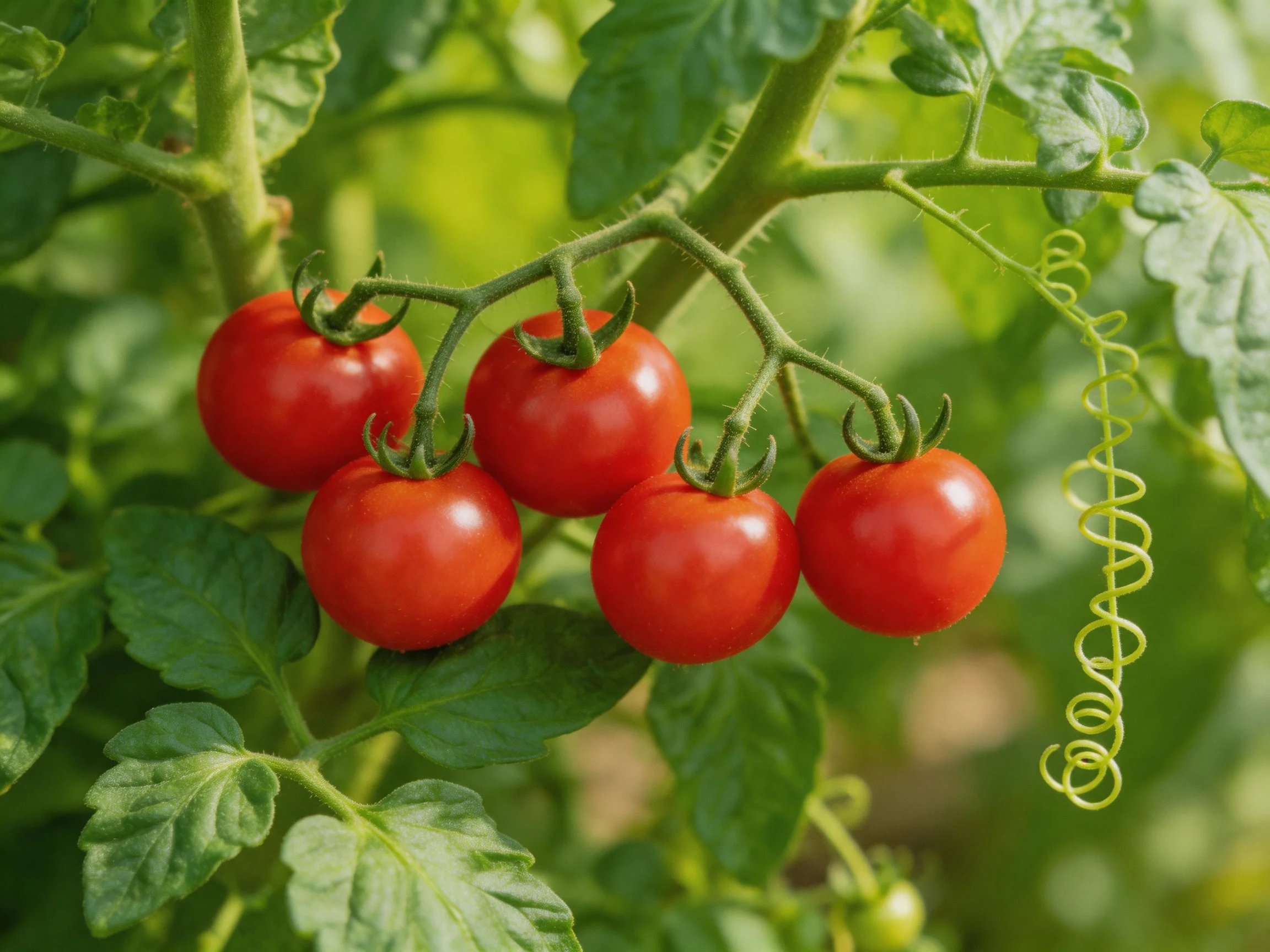 Five bright red cherry tomatoes cluster on a leafy green vine