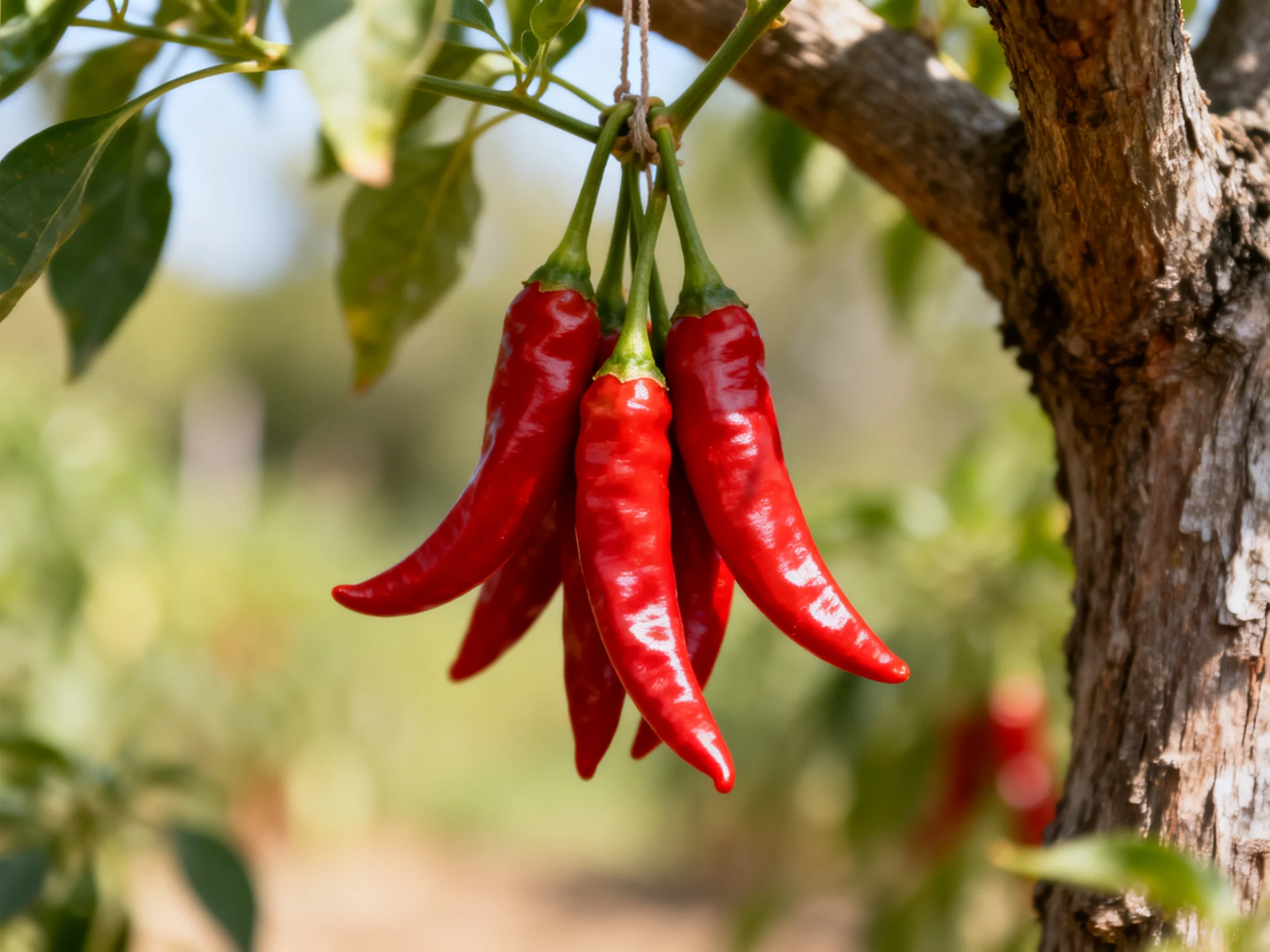 Five bright red chili peppers cluster on a tree branch outdoors