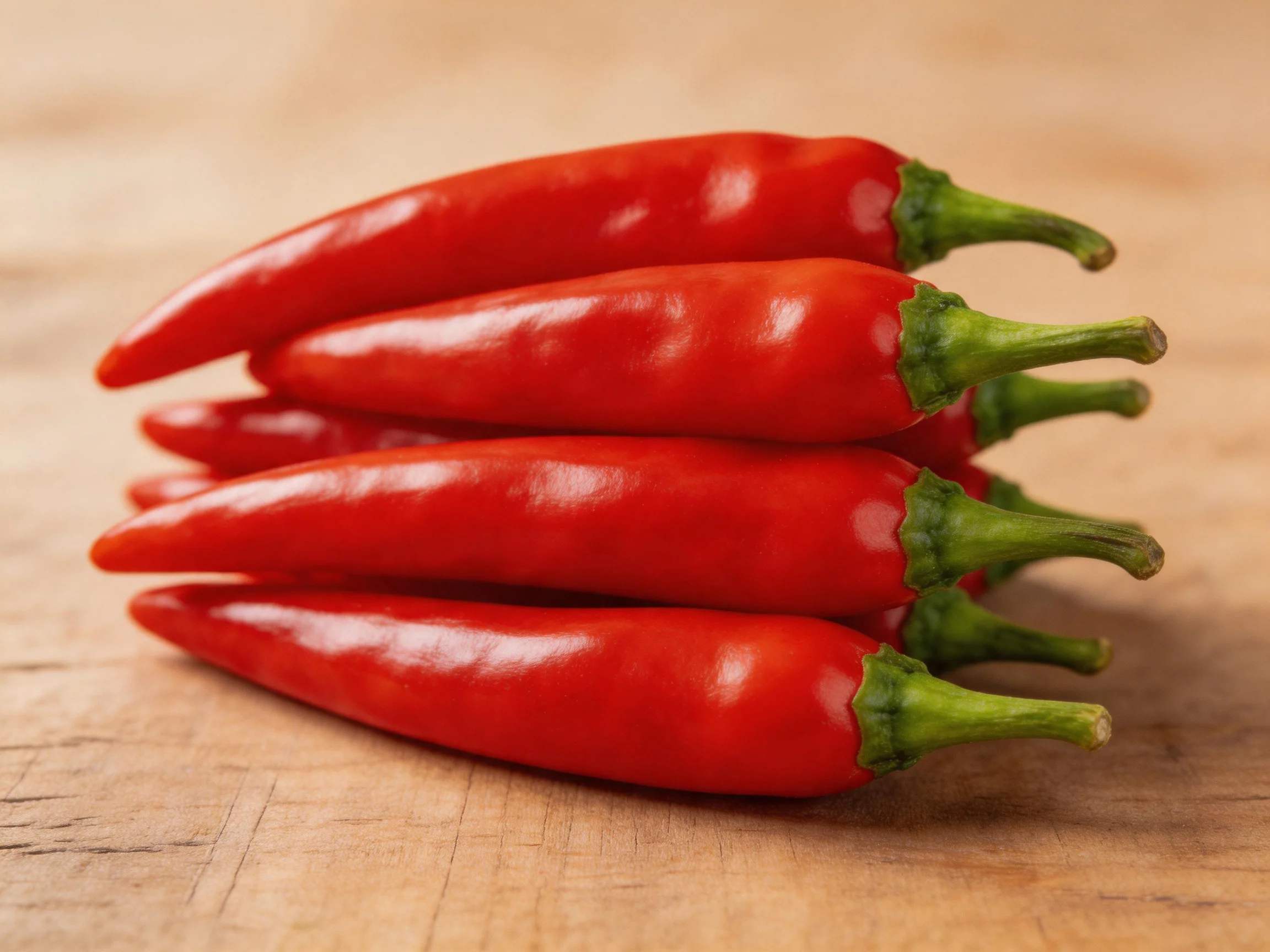 Five bright red chili peppers stacked on a wooden surface