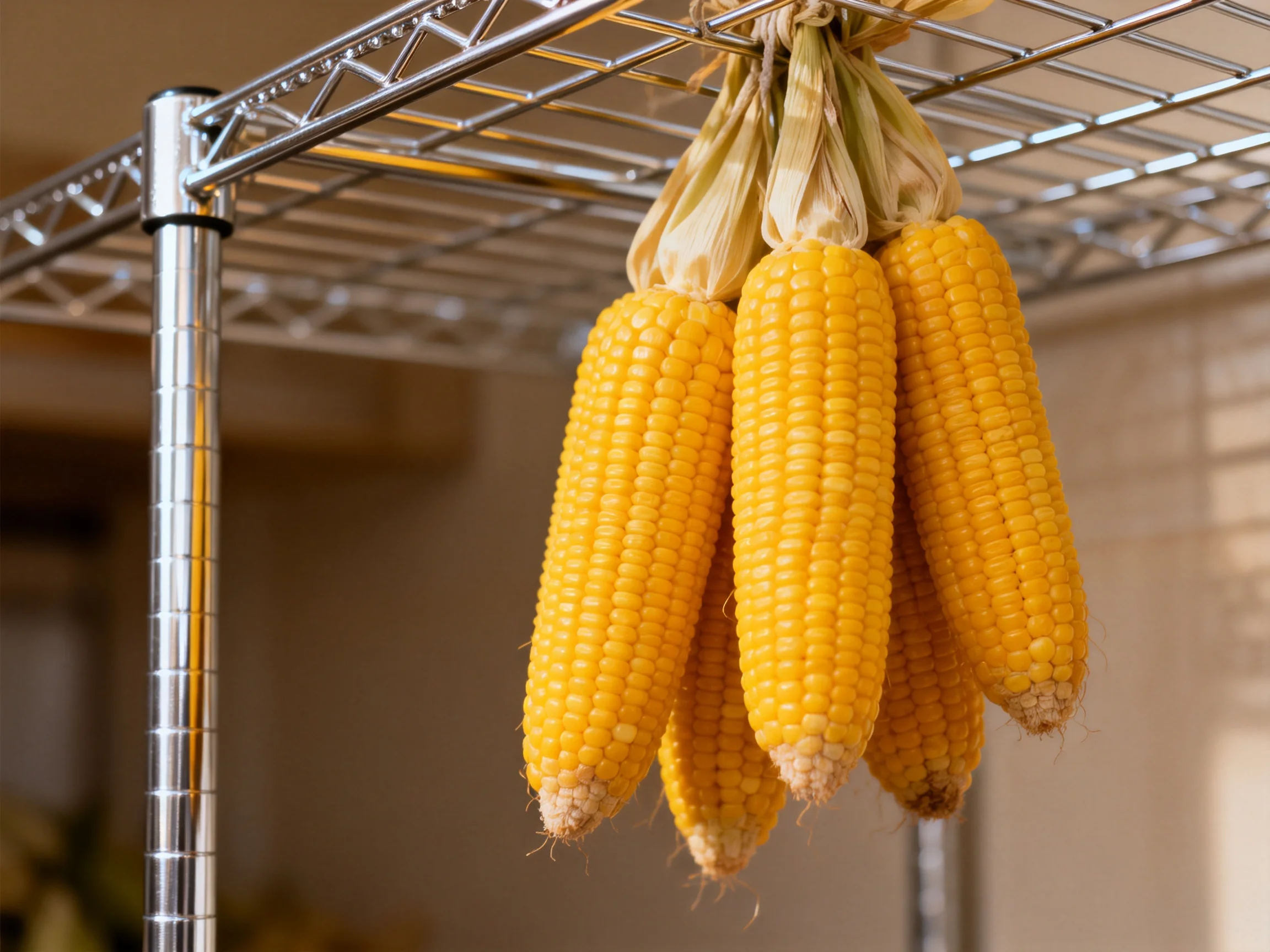 Five bright yellow corn cobs hang from a metal shelving unit