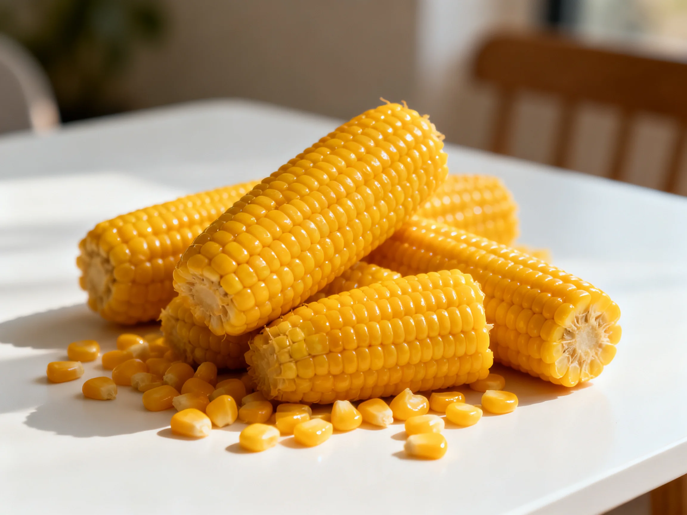Five bright yellow corn cobs stacked with scattered kernels on white surface