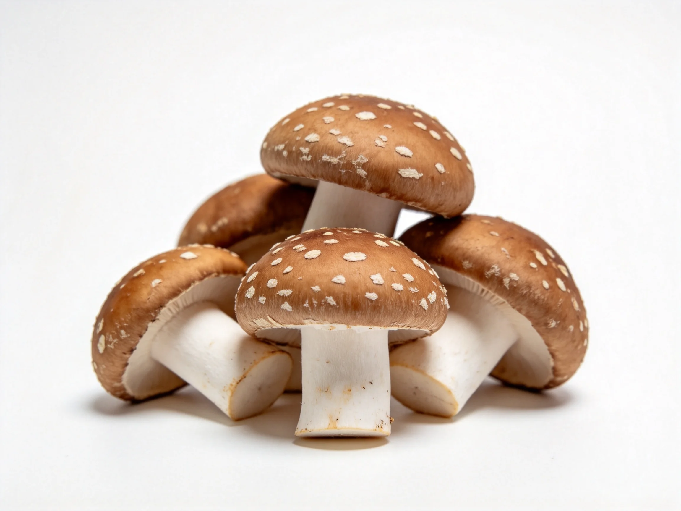 Five brown-capped mushrooms with white spots clustered together