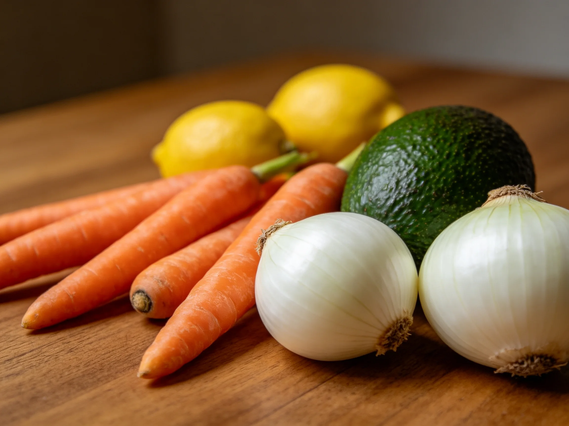 Five carrots, two lemons, an avocado, two onions on a wooden surface