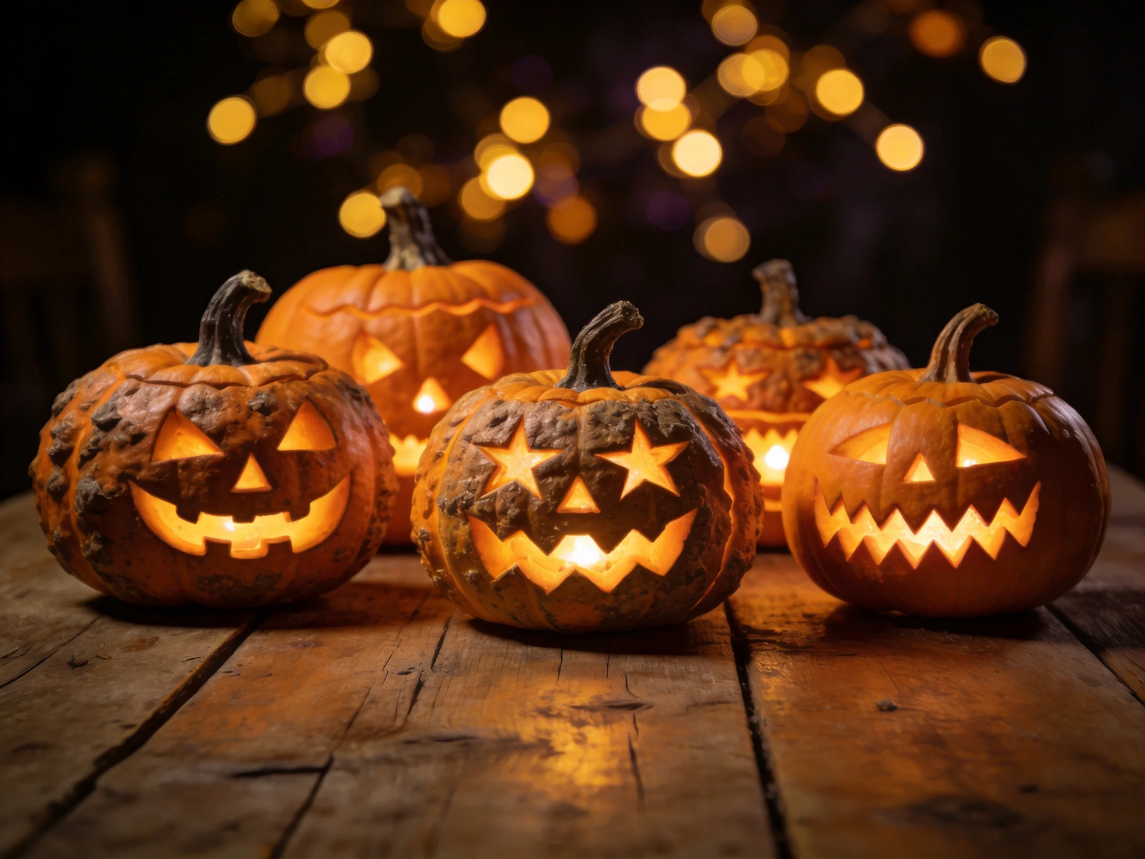 Five carved jack-o-lanterns displayed on a wooden table with glowing lights