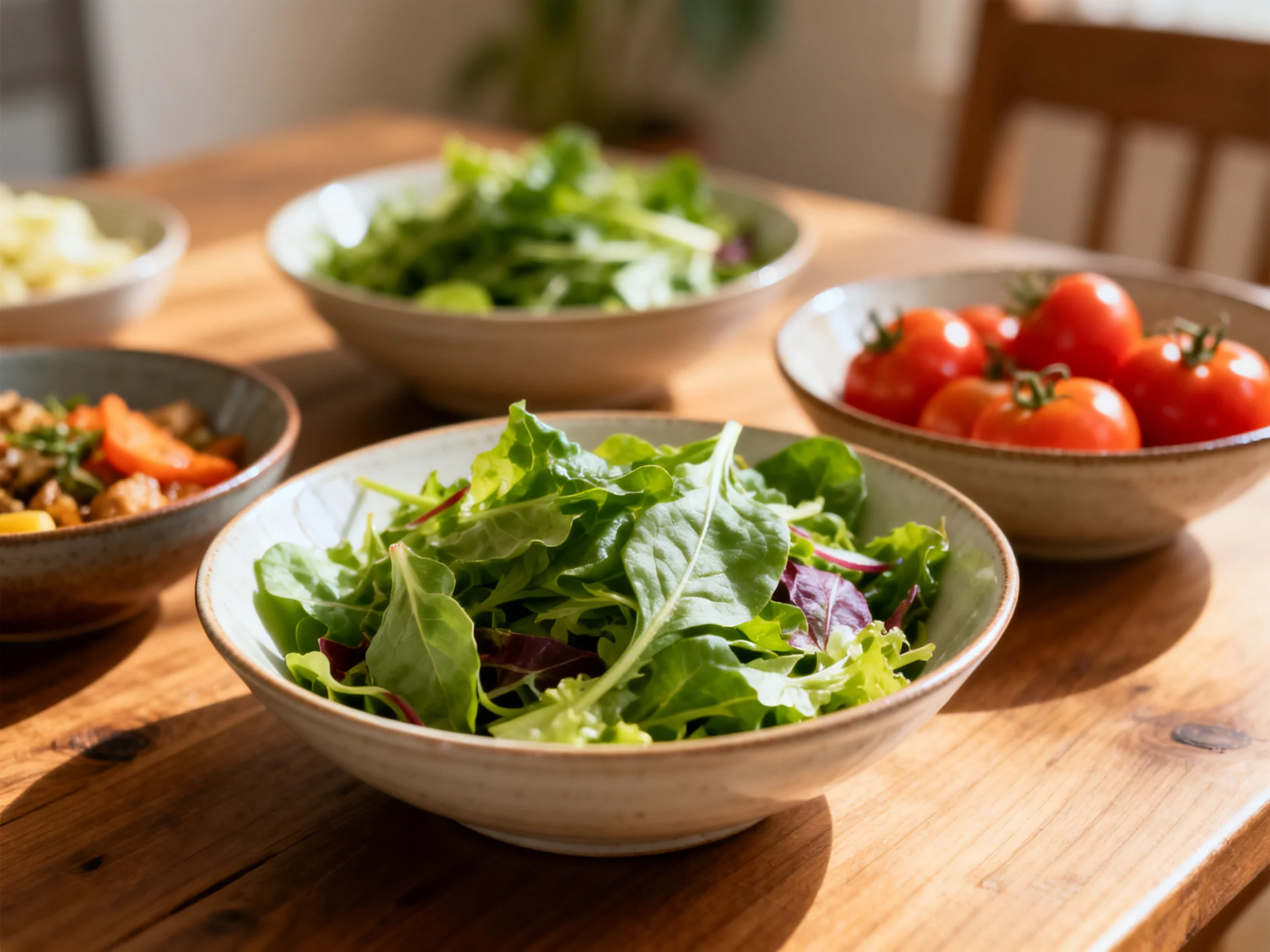 Five ceramic bowls hold fresh vegetables and mixed greens on a wooden table
