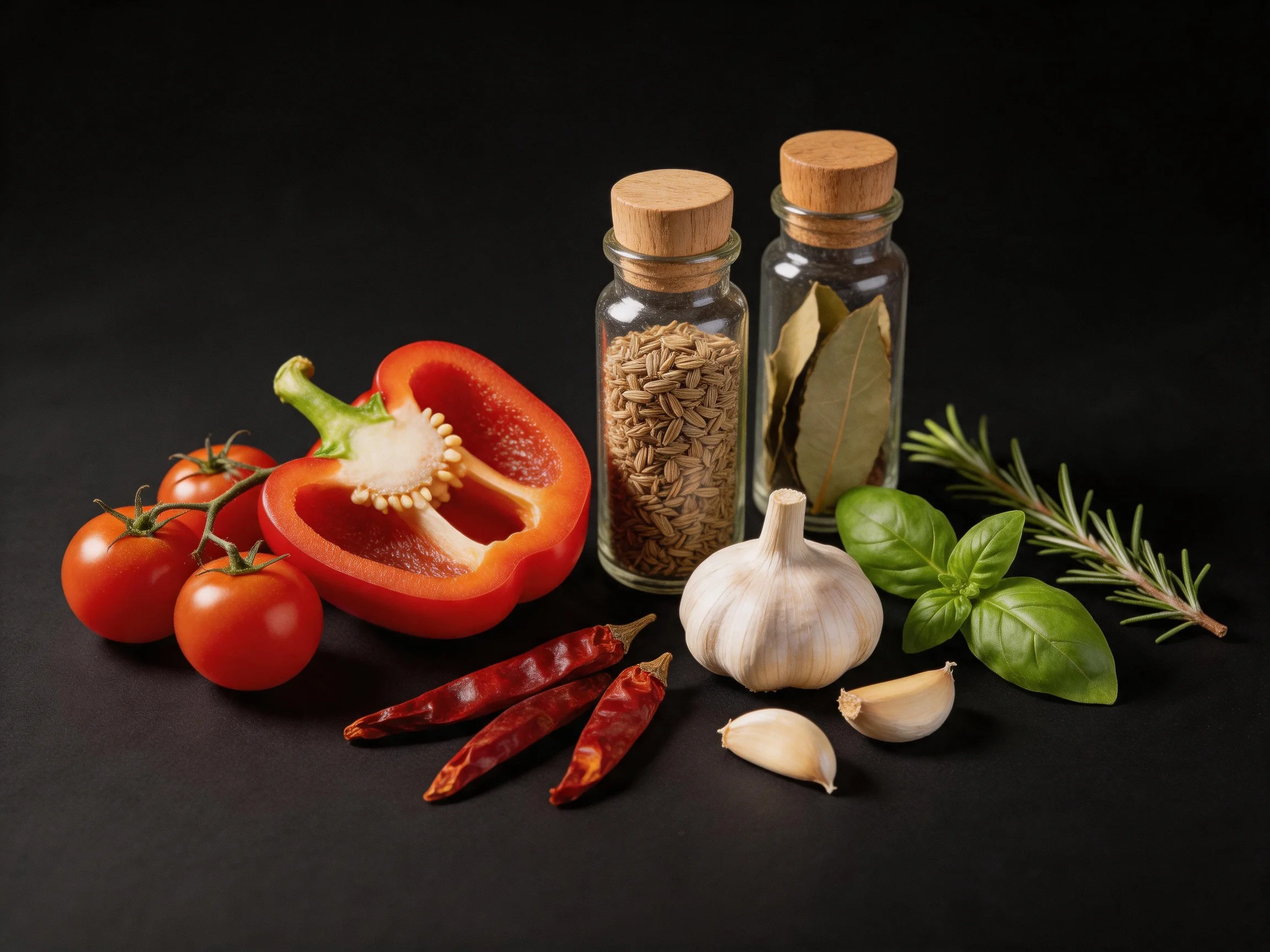 Five cherry tomatoes, one red pepper, three chilies, garlic, herbs, and two spice jars on dark surfac