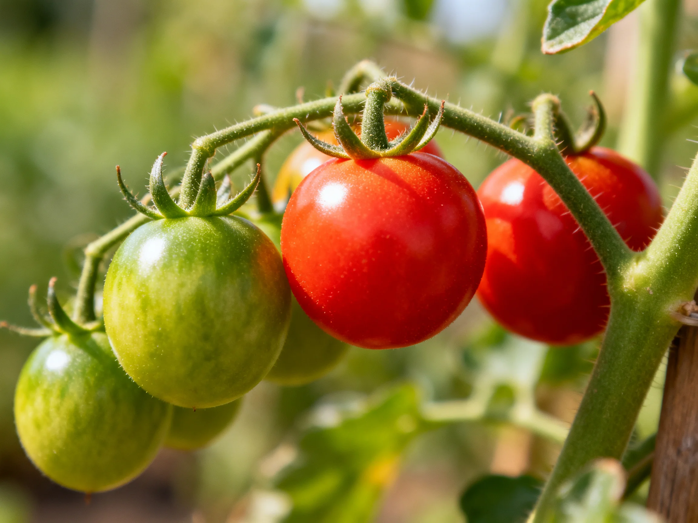 Five cherry tomatoes ripening on a vine, two red, three green.