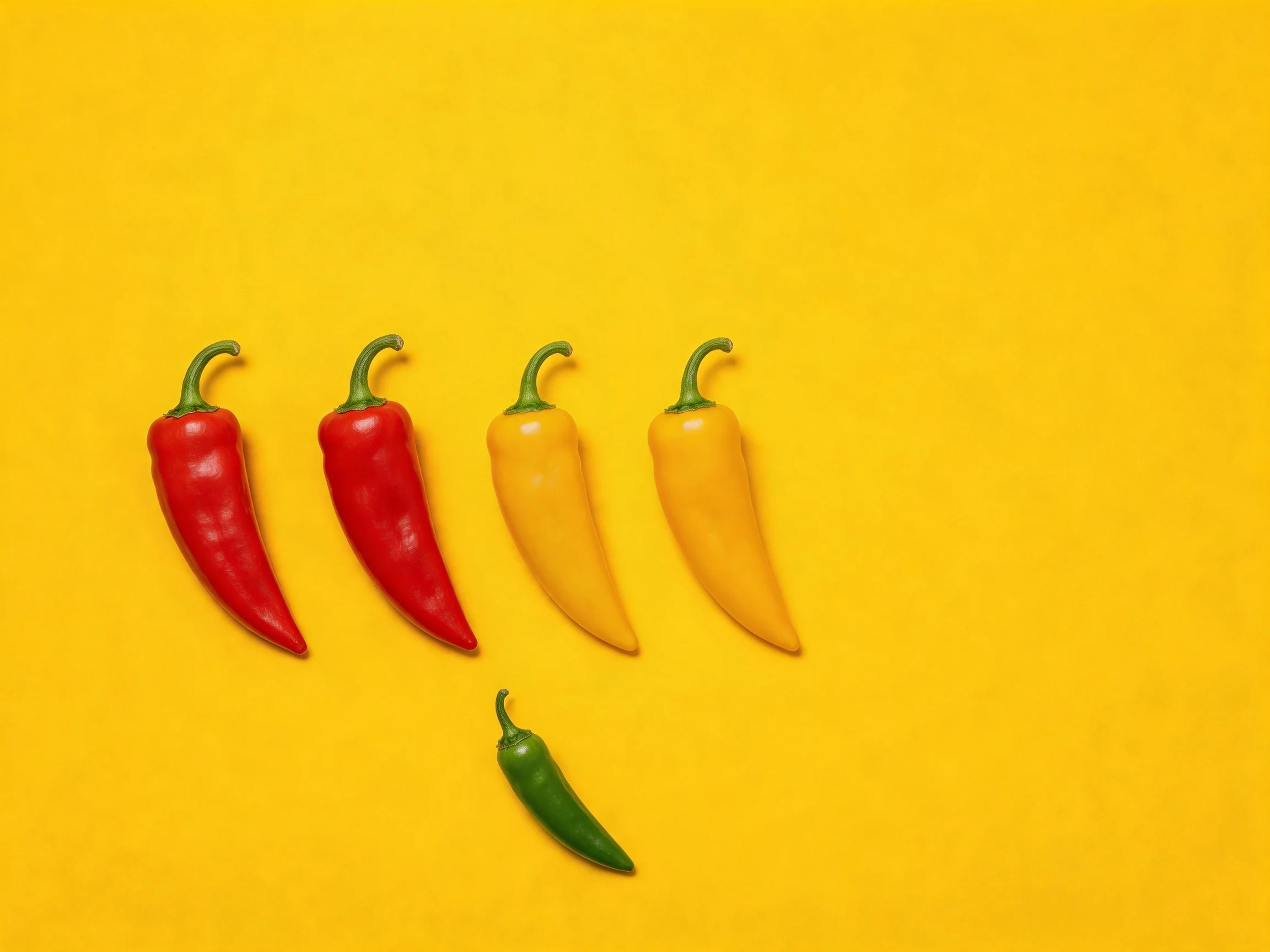 Five chili peppers in red, yellow, and green hues on a bright yellow surface