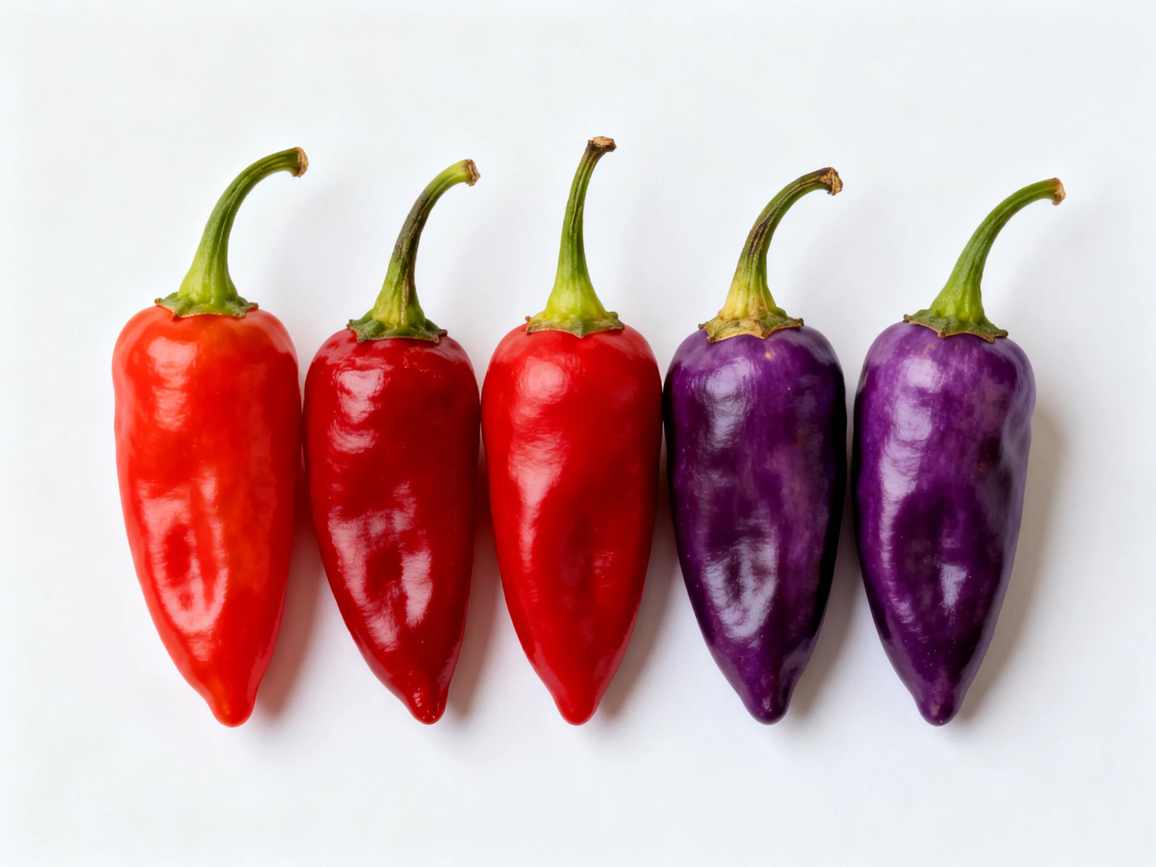 Five chili peppers in varied red and purple hues arranged horizontally