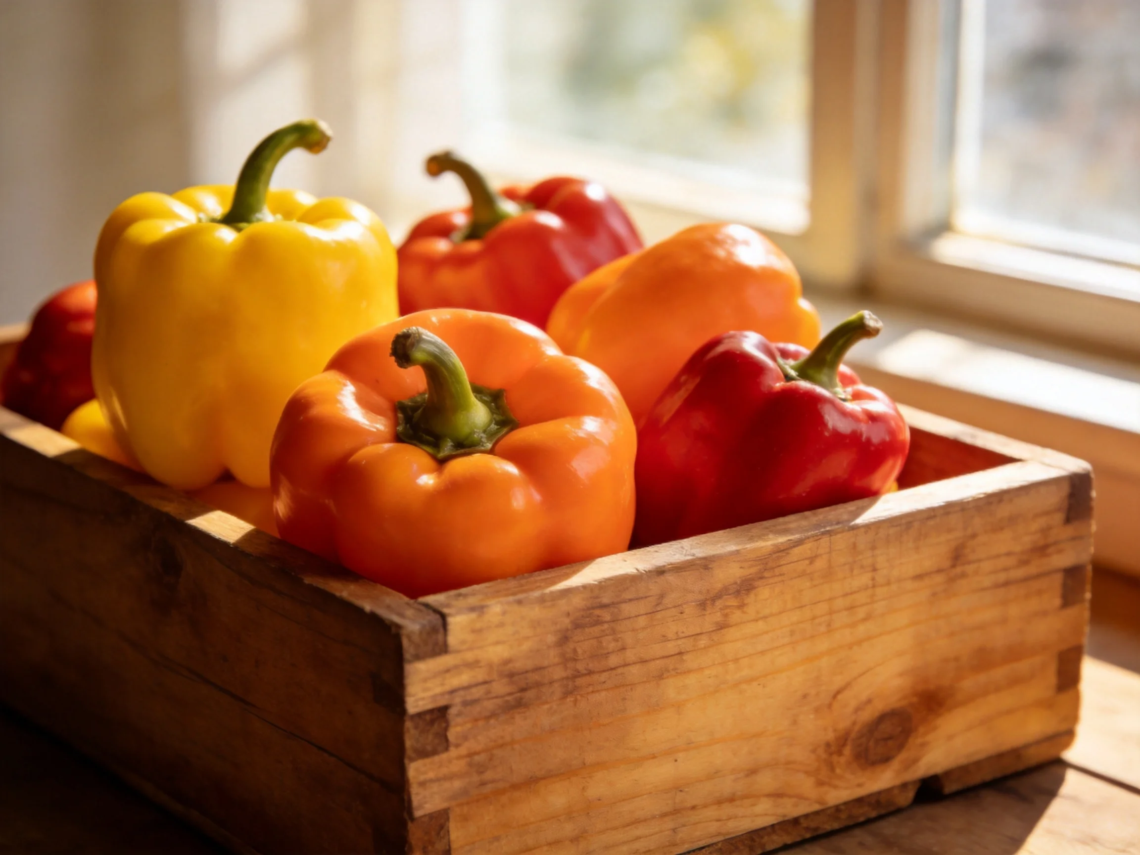 Five colorful bell peppers arranged in a rustic wooden crate by a sunlit window.
