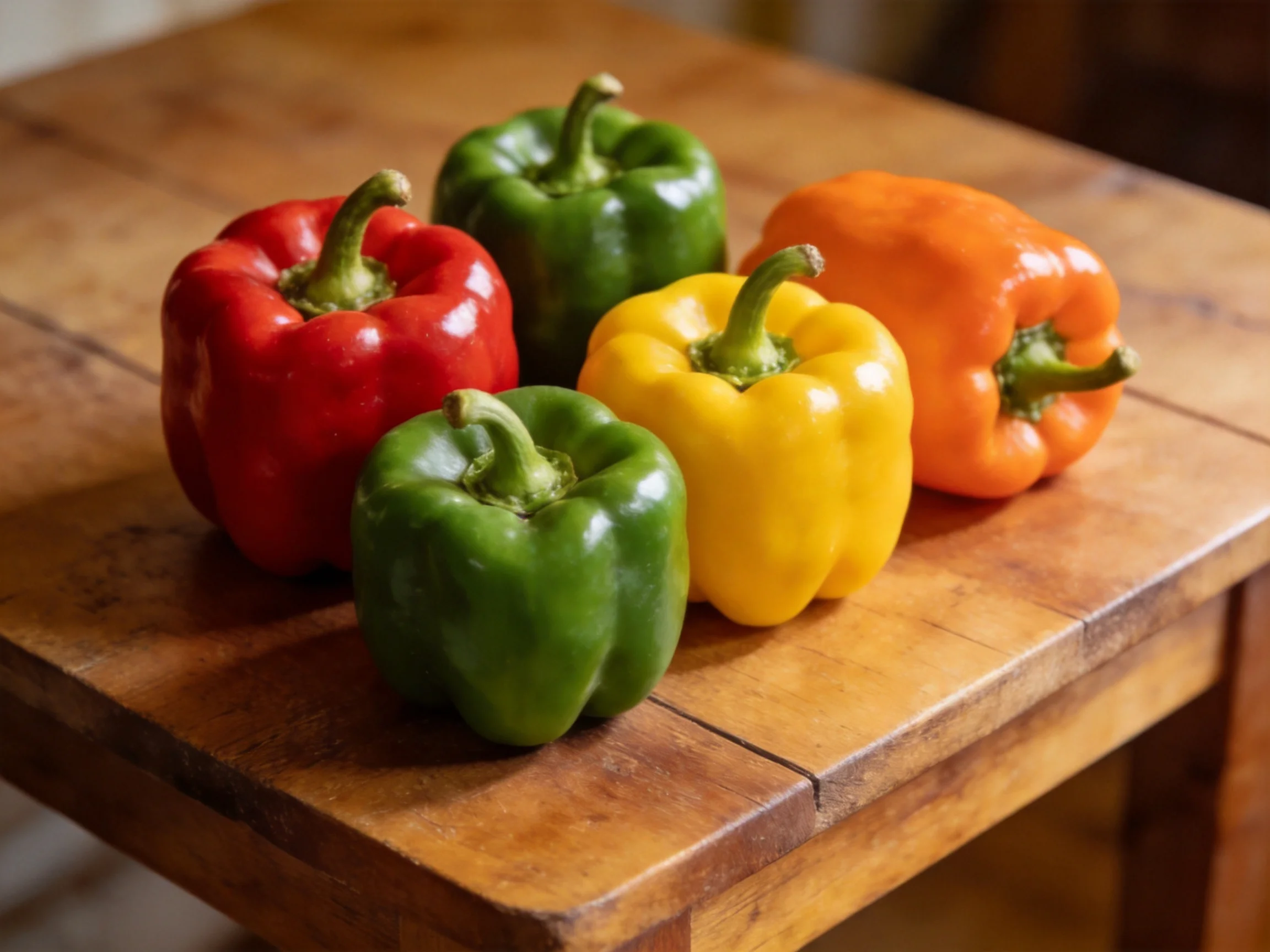 Five colorful bell peppers displayed on a wooden table