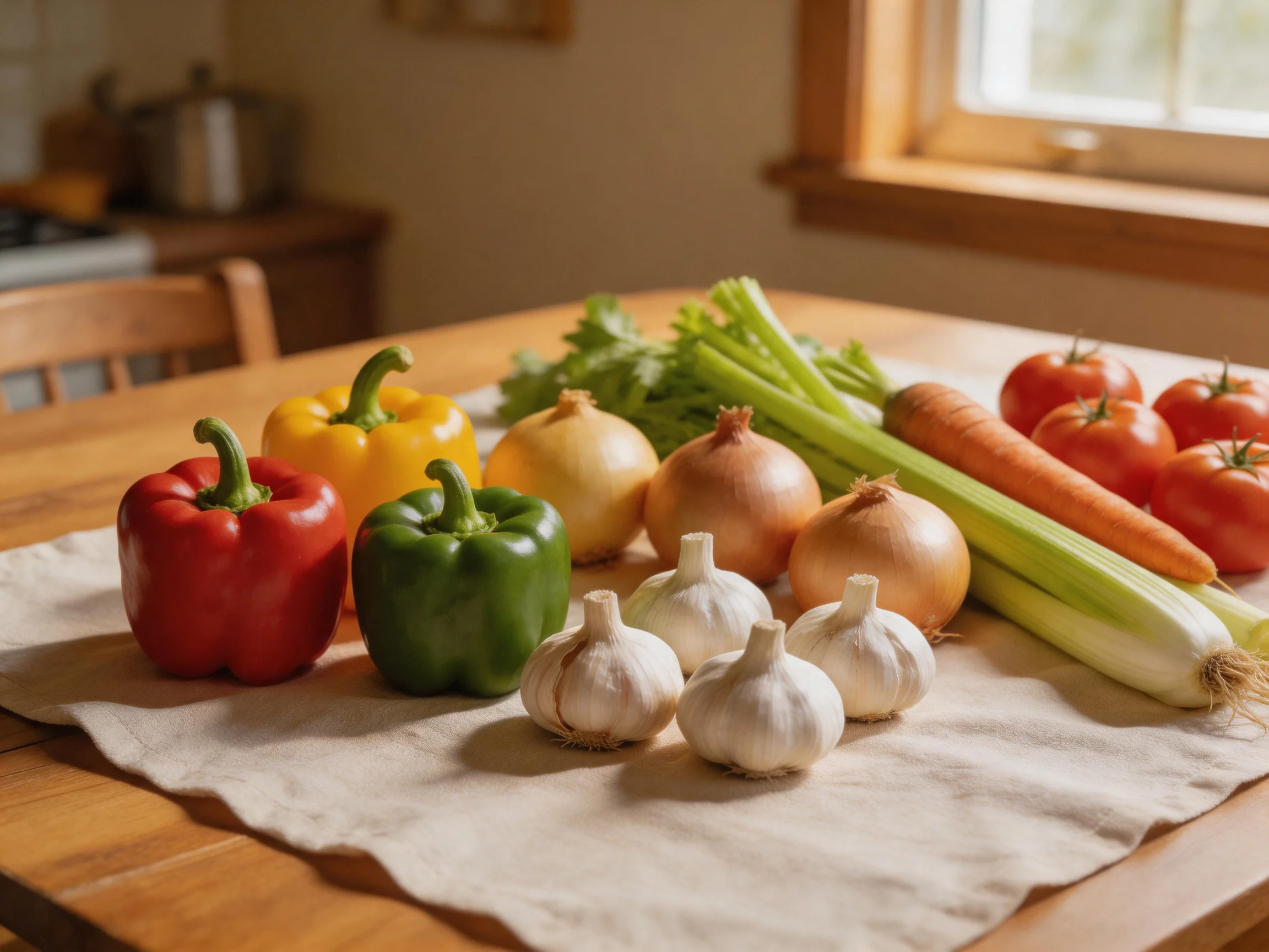 Five colorful bell peppers, six onions, garlic, celery, carrot, and tomatoes arranged on a kitchen ta