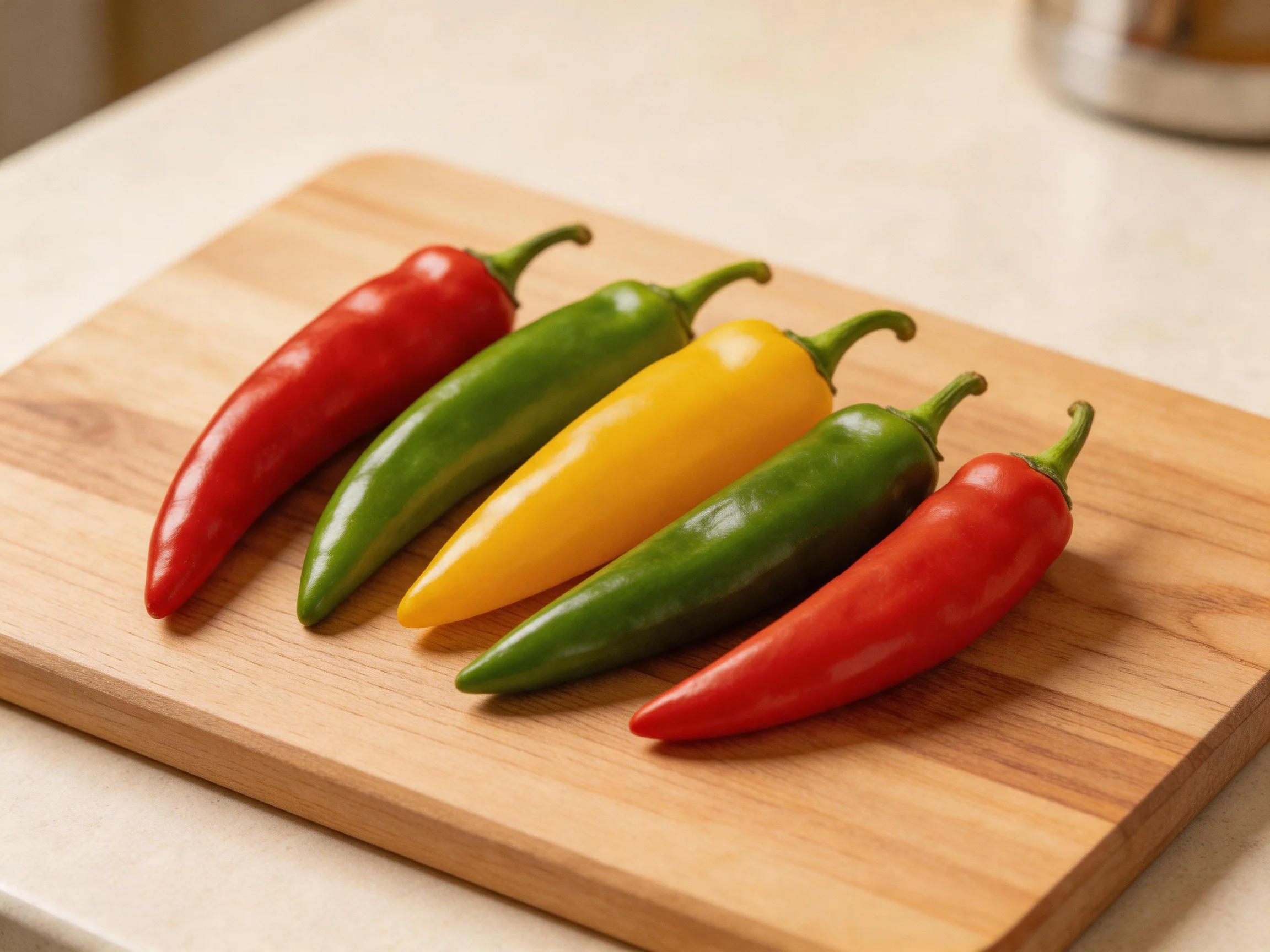Five colorful chili peppers arranged on a wooden cutting board