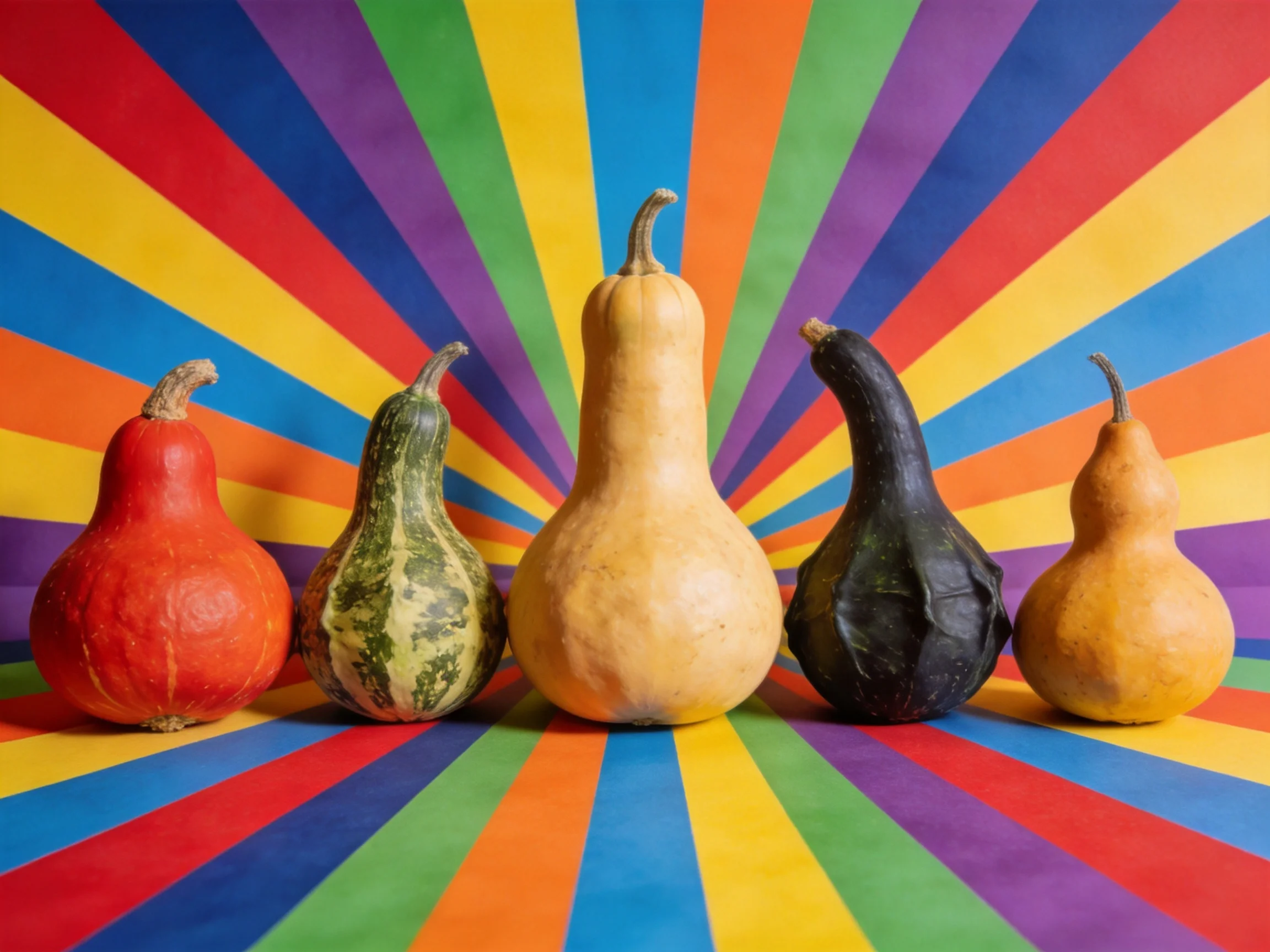 Five colorful gourds arranged before a vibrant rainbow radial backdrop