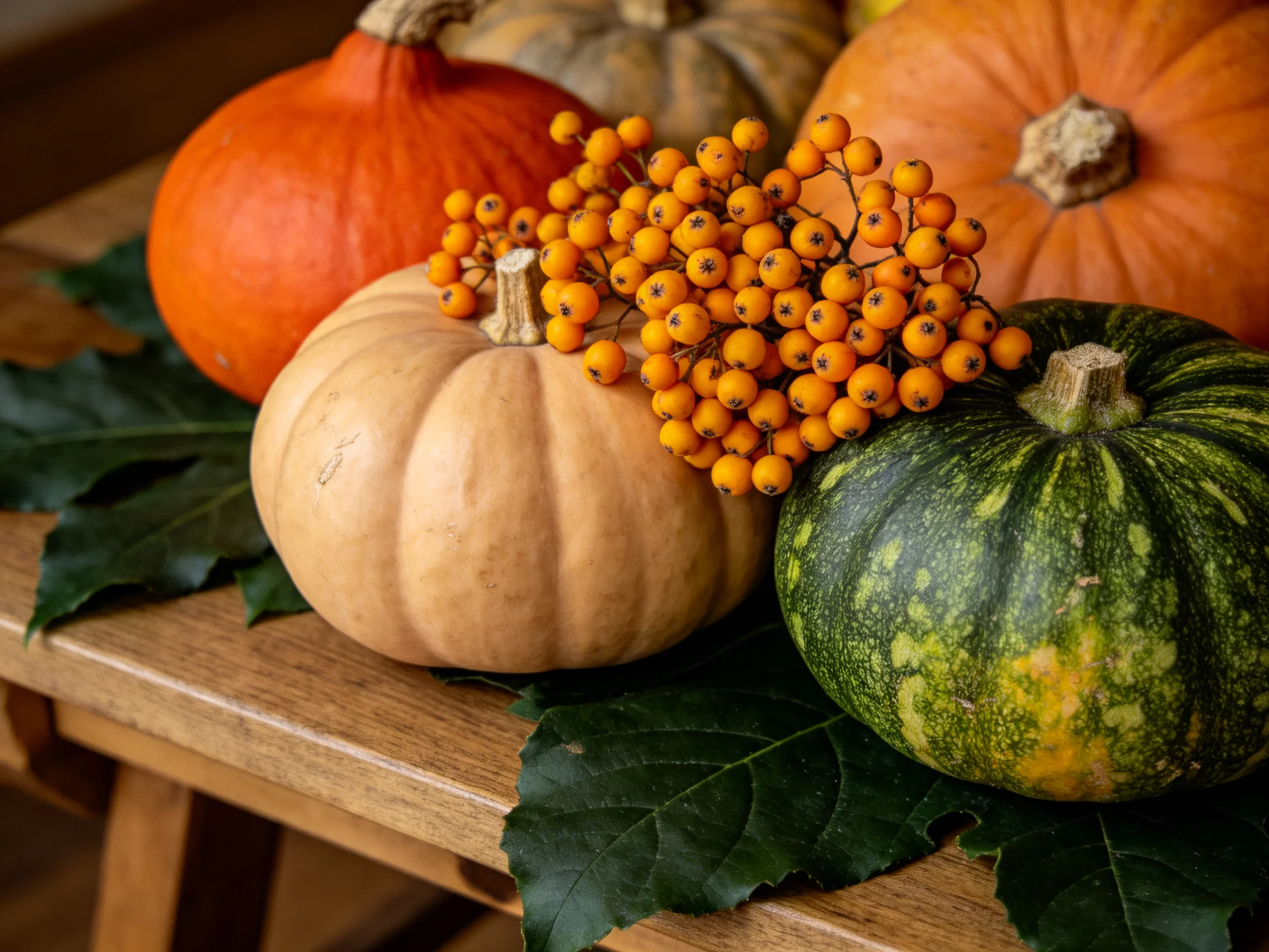 Five colorful pumpkins and orange berries arranged on wooden surface