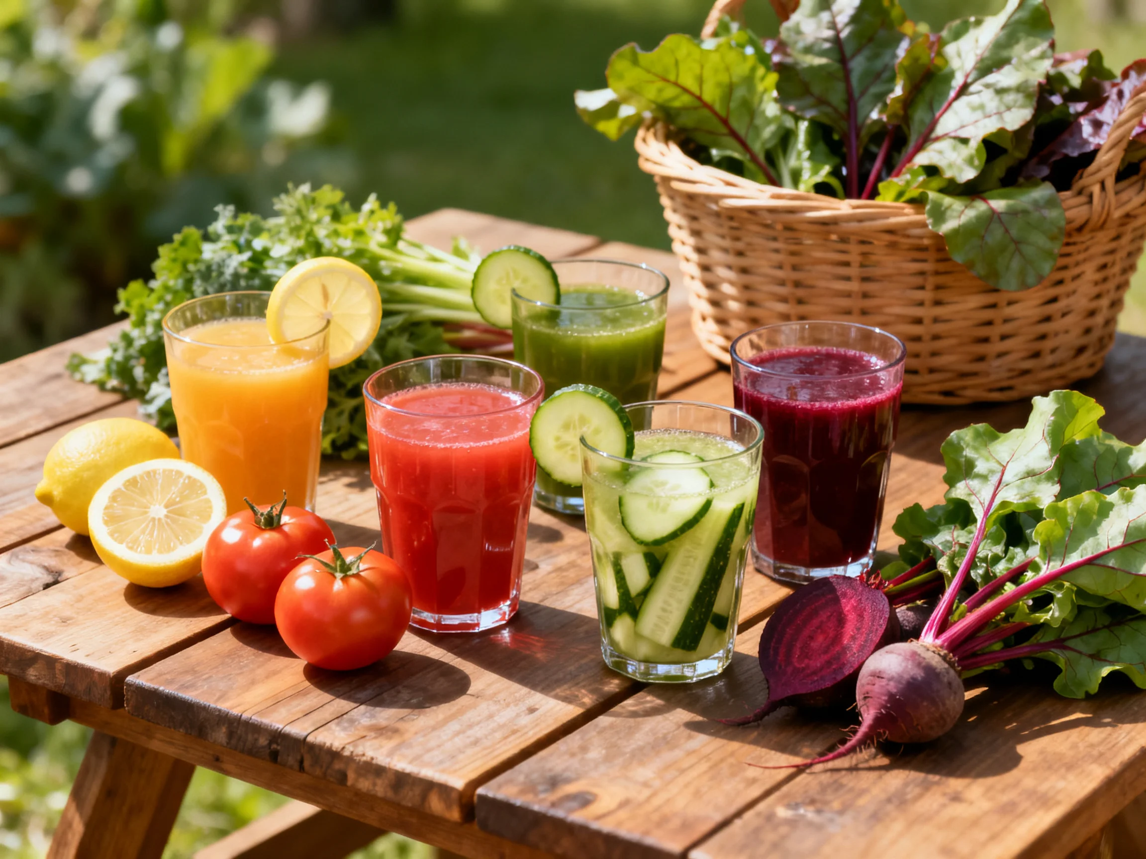 Five colorful vegetable and fruit juices on a wooden table with fresh produce