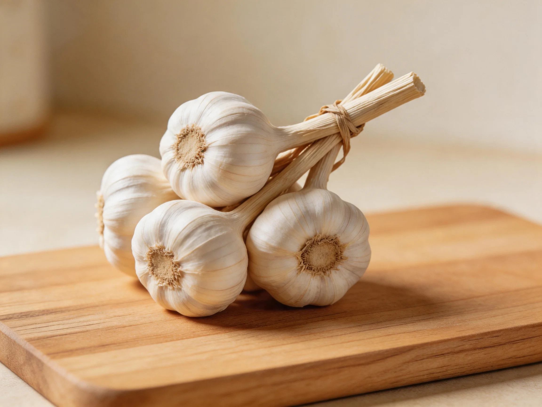 Five fresh garlic bulbs tied together on a wooden cutting board