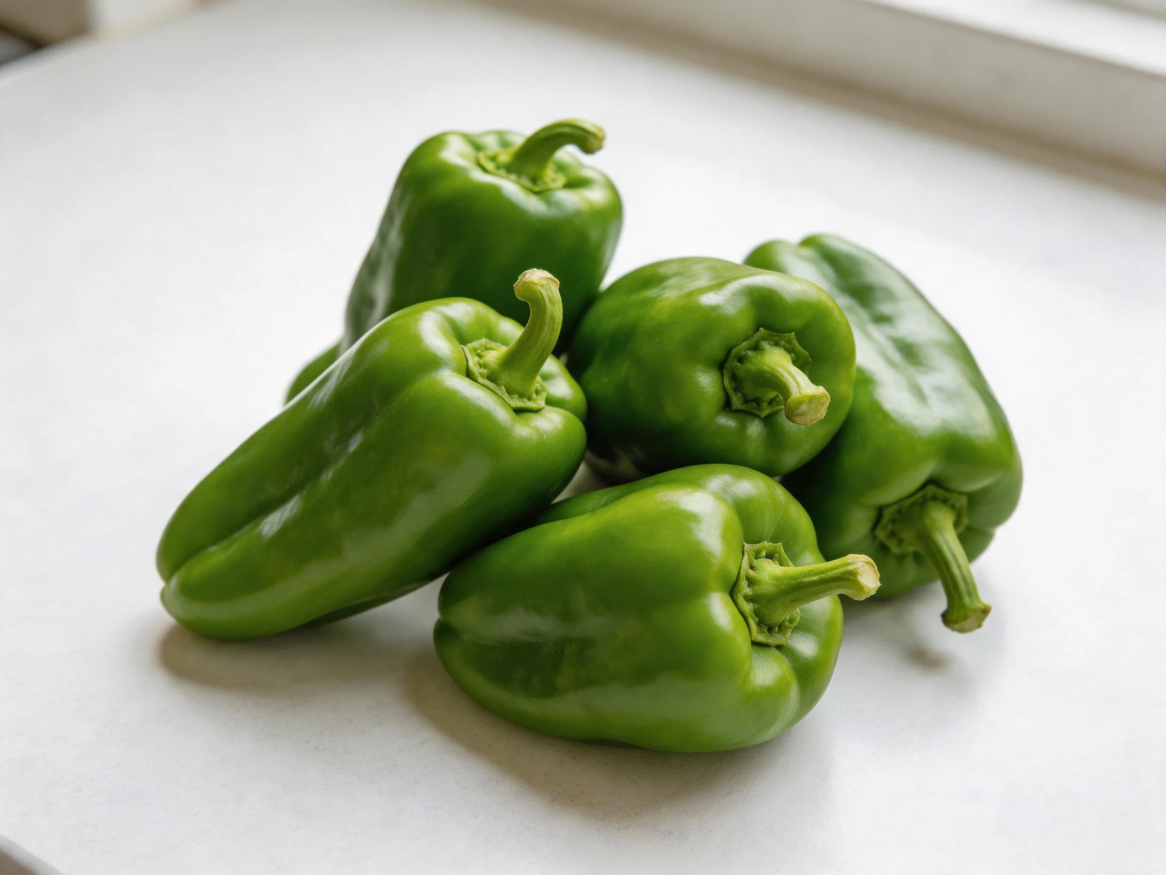 Five fresh green bell peppers clustered on a smooth white surface