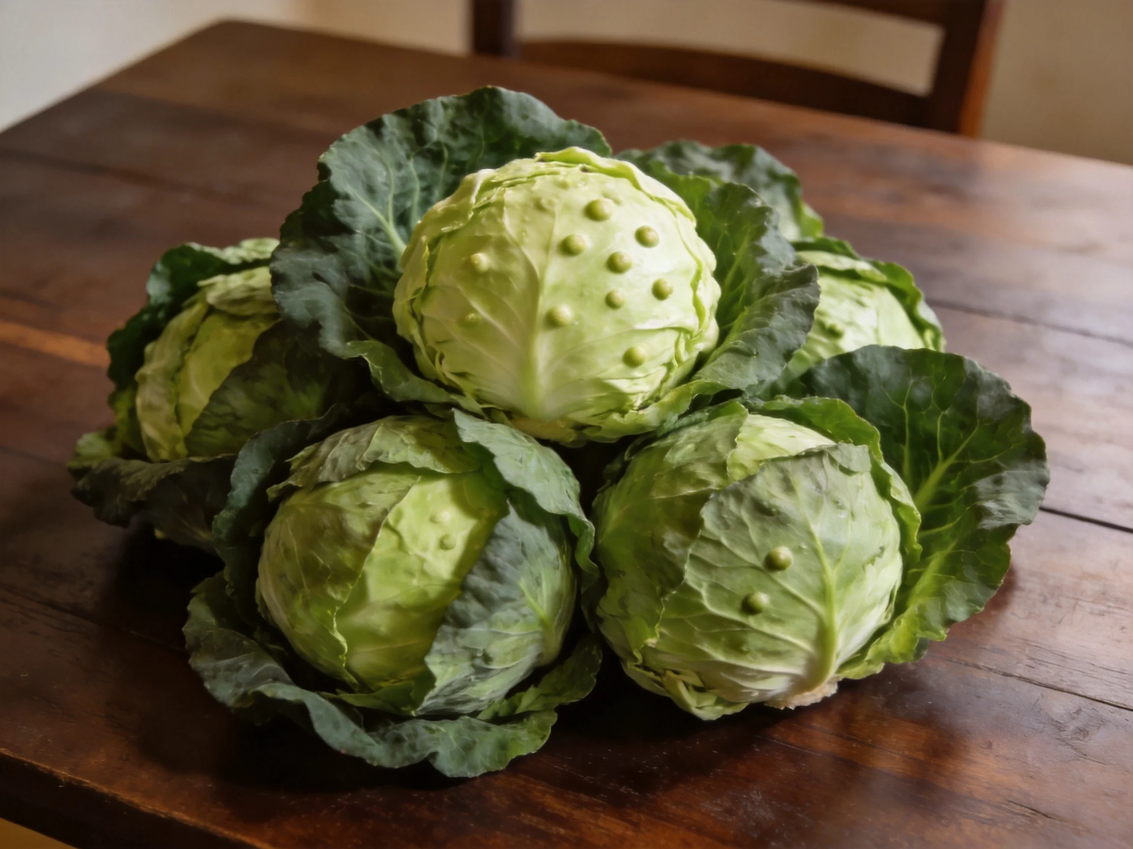 Five fresh green cabbages arranged on a polished wooden table