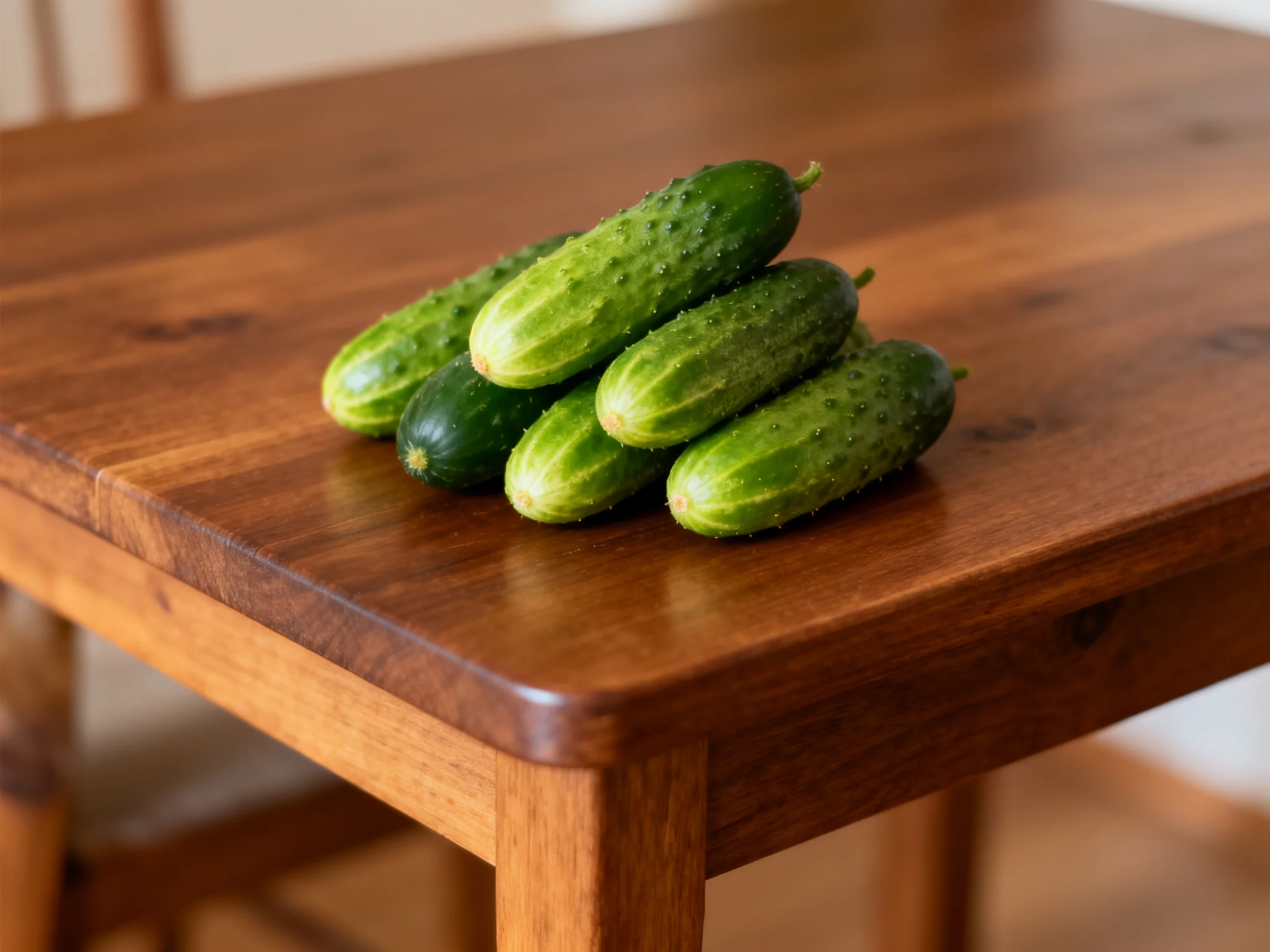 Five fresh green cucumbers stacked on a polished wooden table